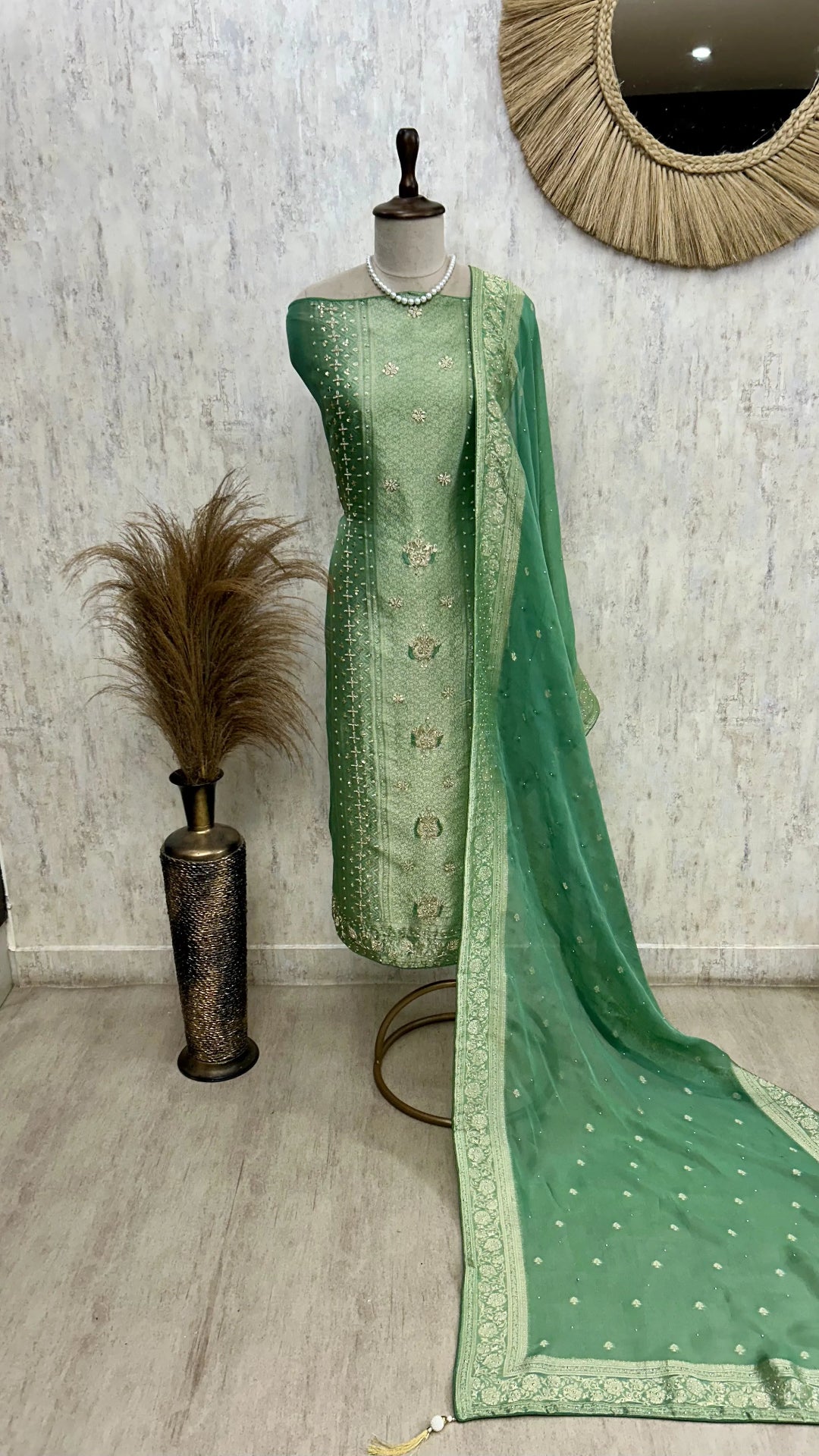 Brocade Silk Unstitched Suit Set Featuring Organza Dupatta