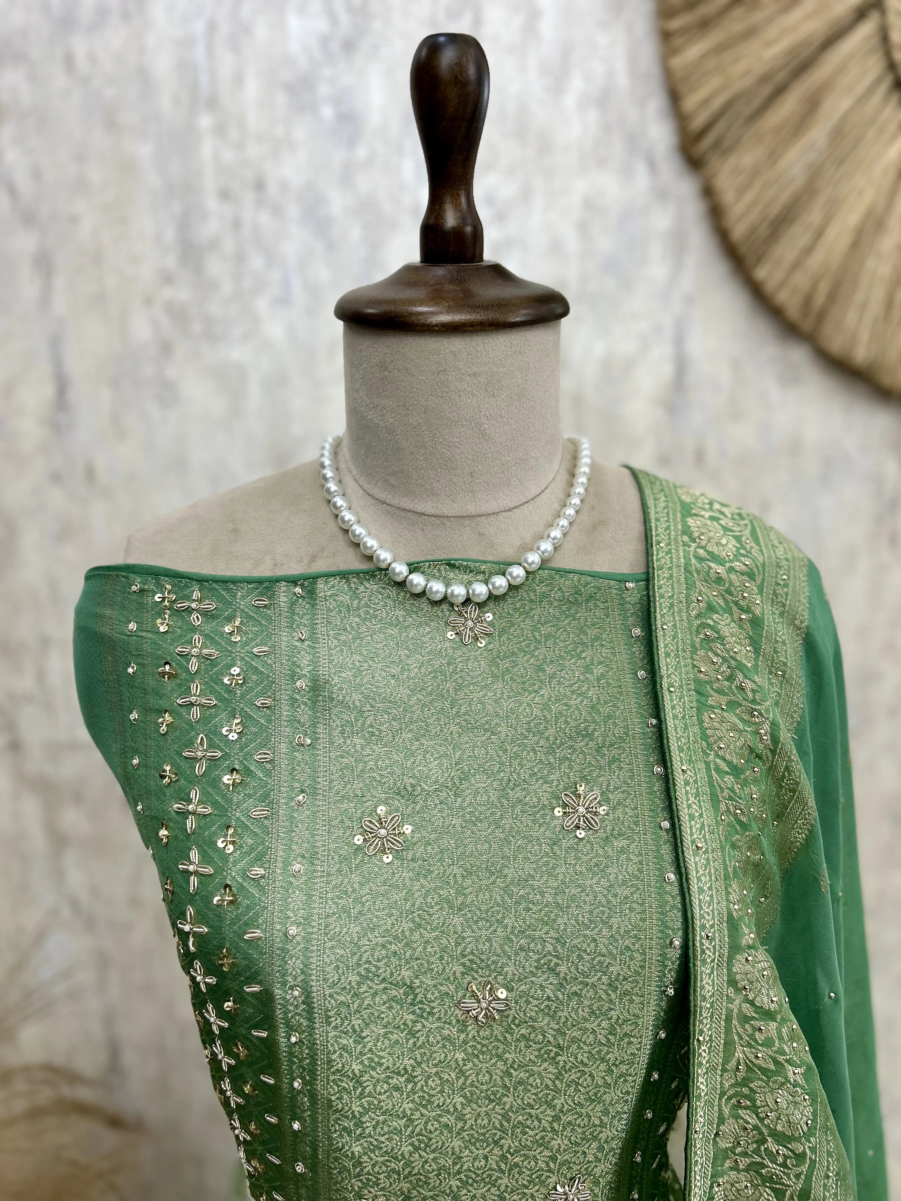 Brocade Silk Unstitched Suit Set Featuring Organza Dupatta