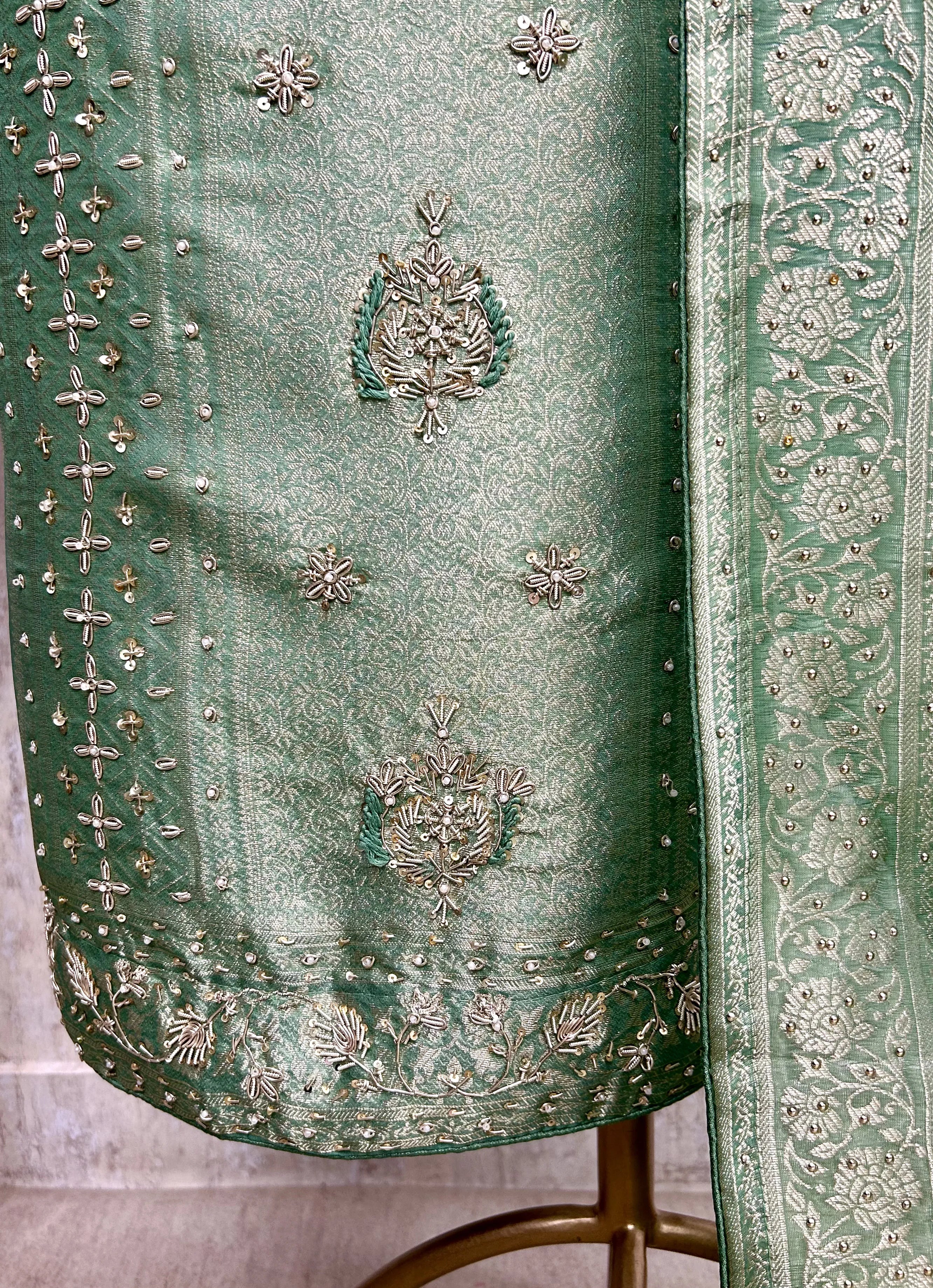 Brocade Silk Unstitched Suit Set Featuring Organza Dupatta