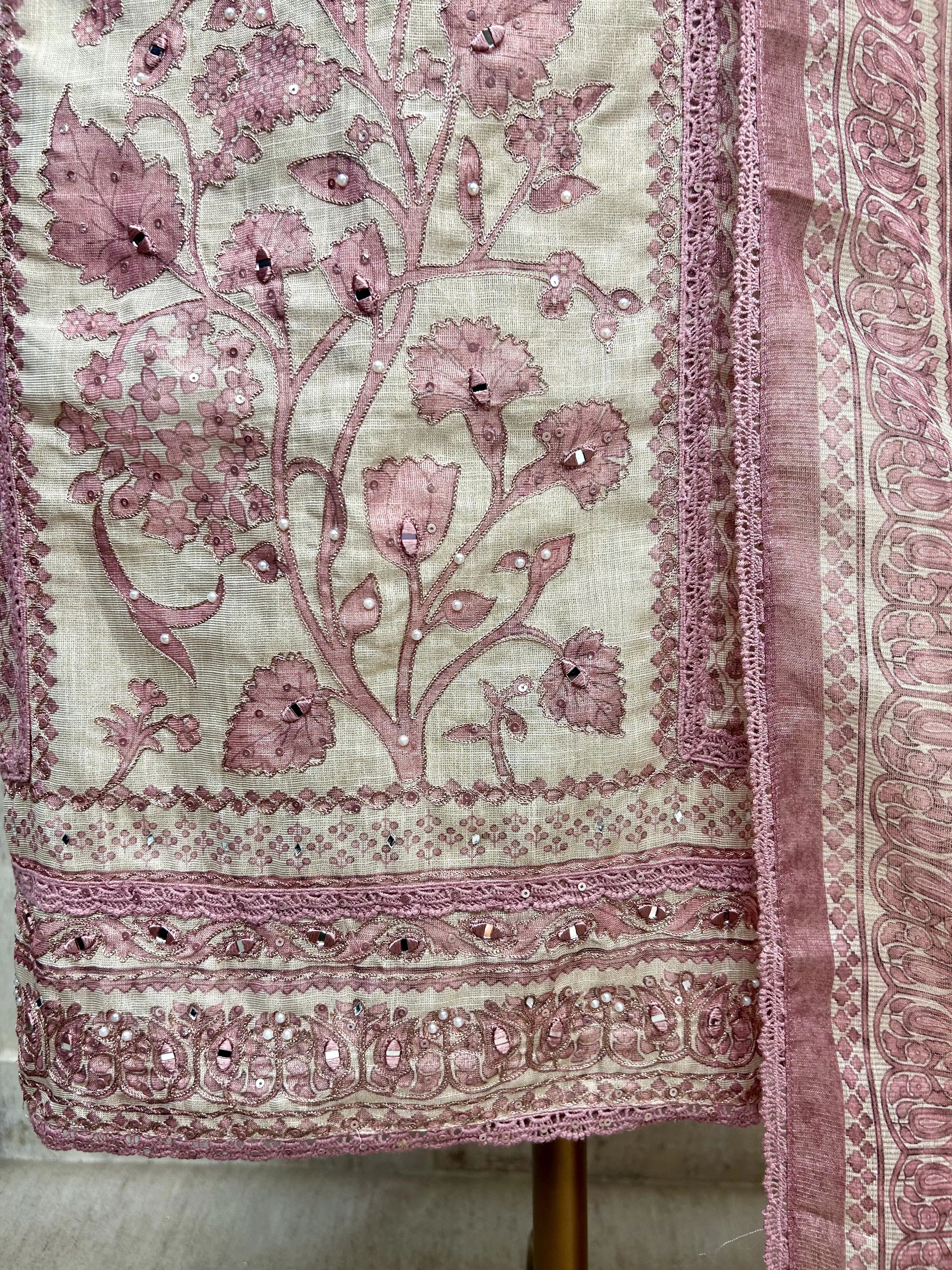 Tissue Linen Unstitched Suit Set With Tissue Linen Dupatta