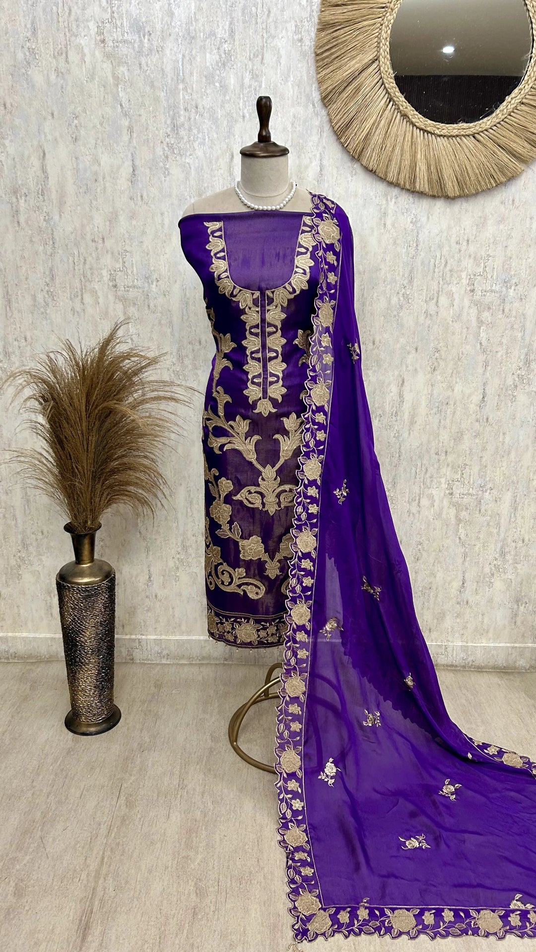 Satin Unstitched Suit Set With Organza Dupatta