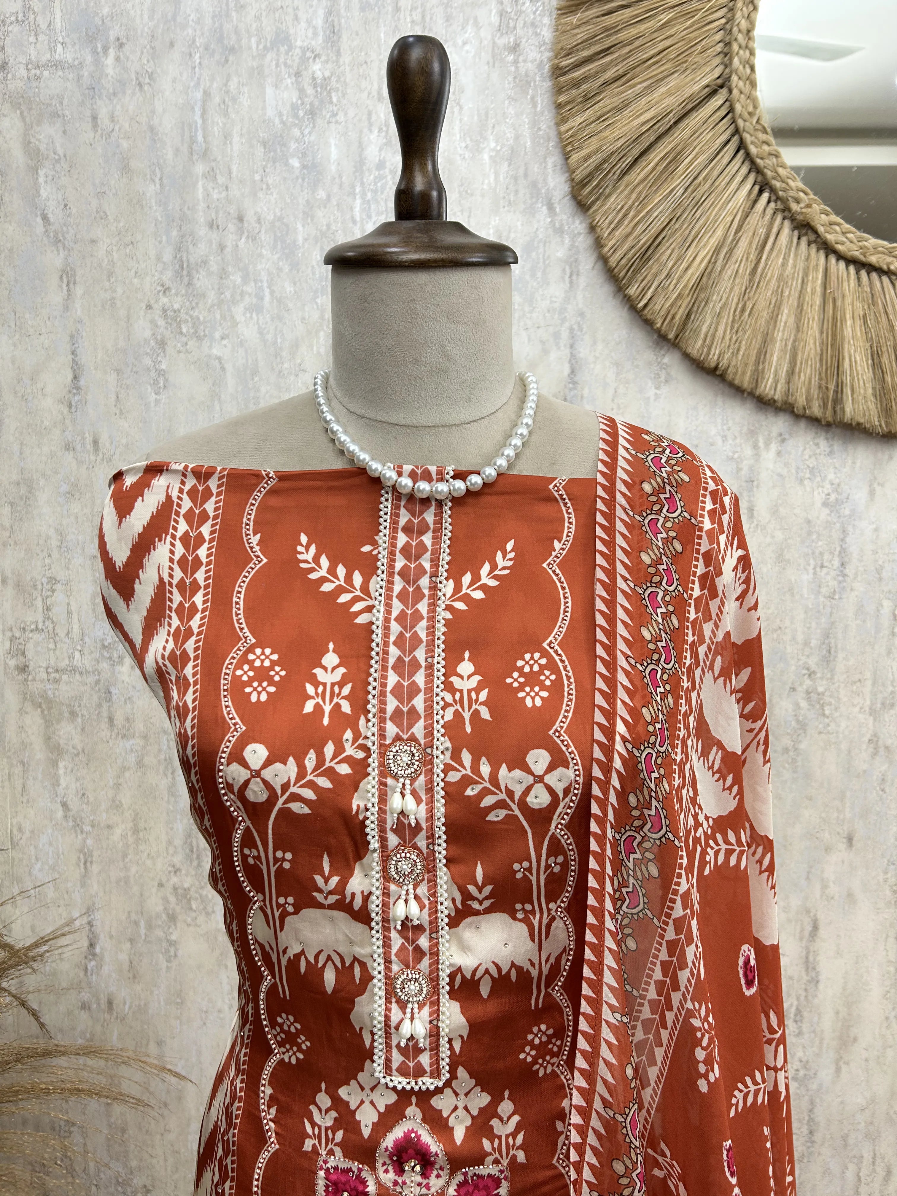 Russian Crepe Unstitched Suit Set Featuring Organza Dupatta