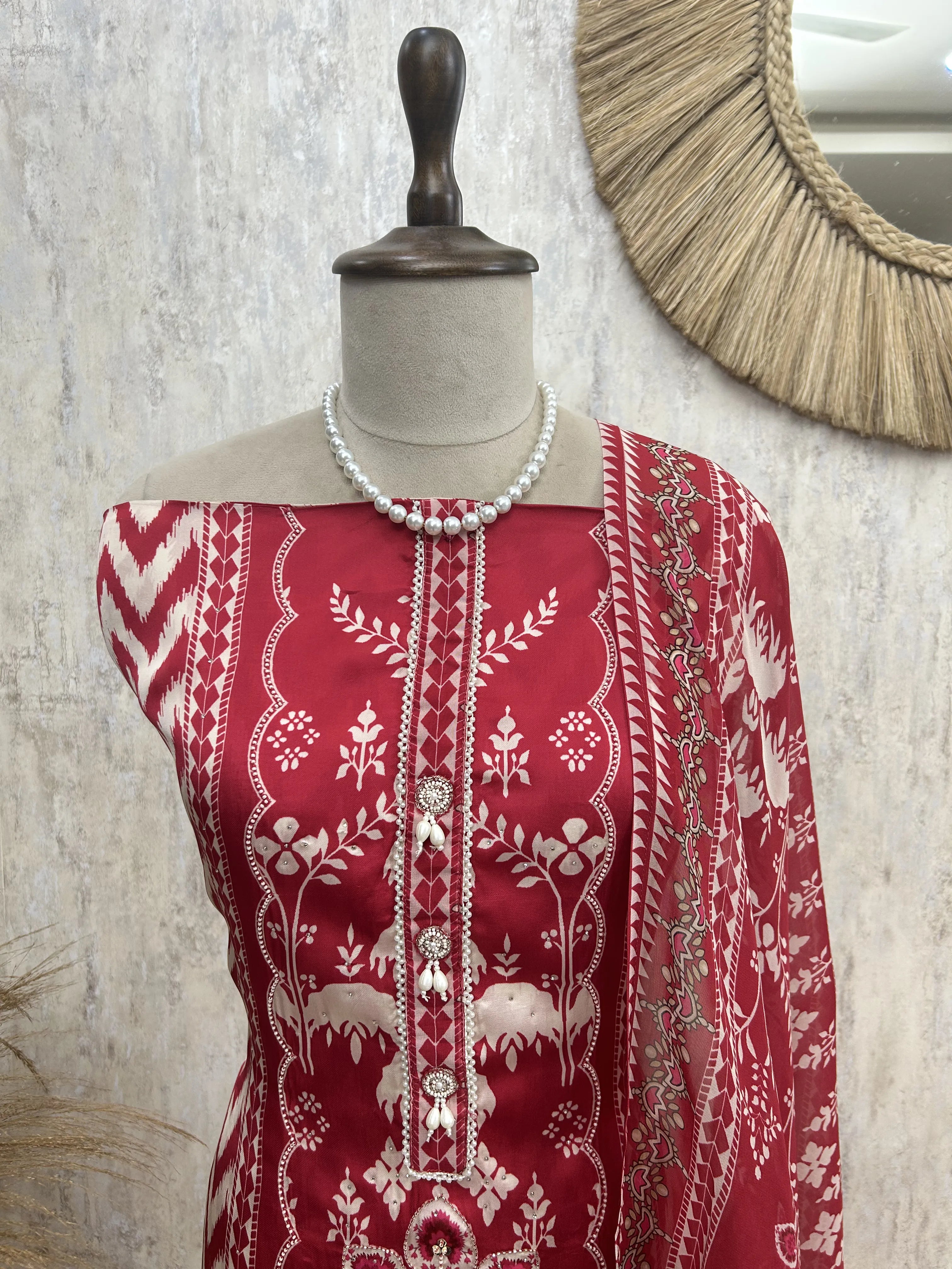 Russian Crepe Unstitched Suit Set Featuring Organza Dupatta