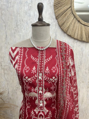 Russian Crepe Unstitched Suit Set Featuring Organza Dupatta