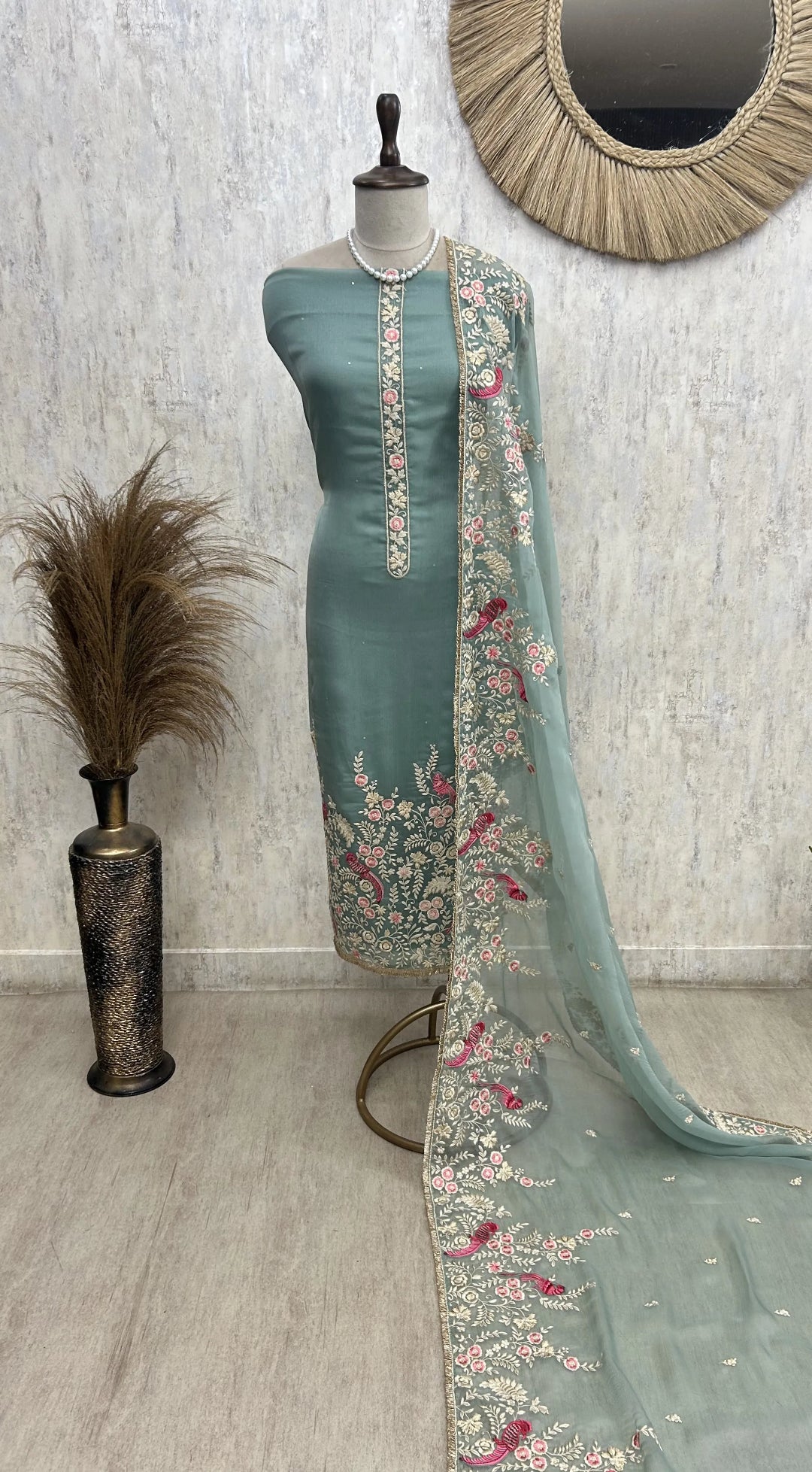 Chiffon Organza Unstitched Suit Set With Chiffon Organza Dupatta