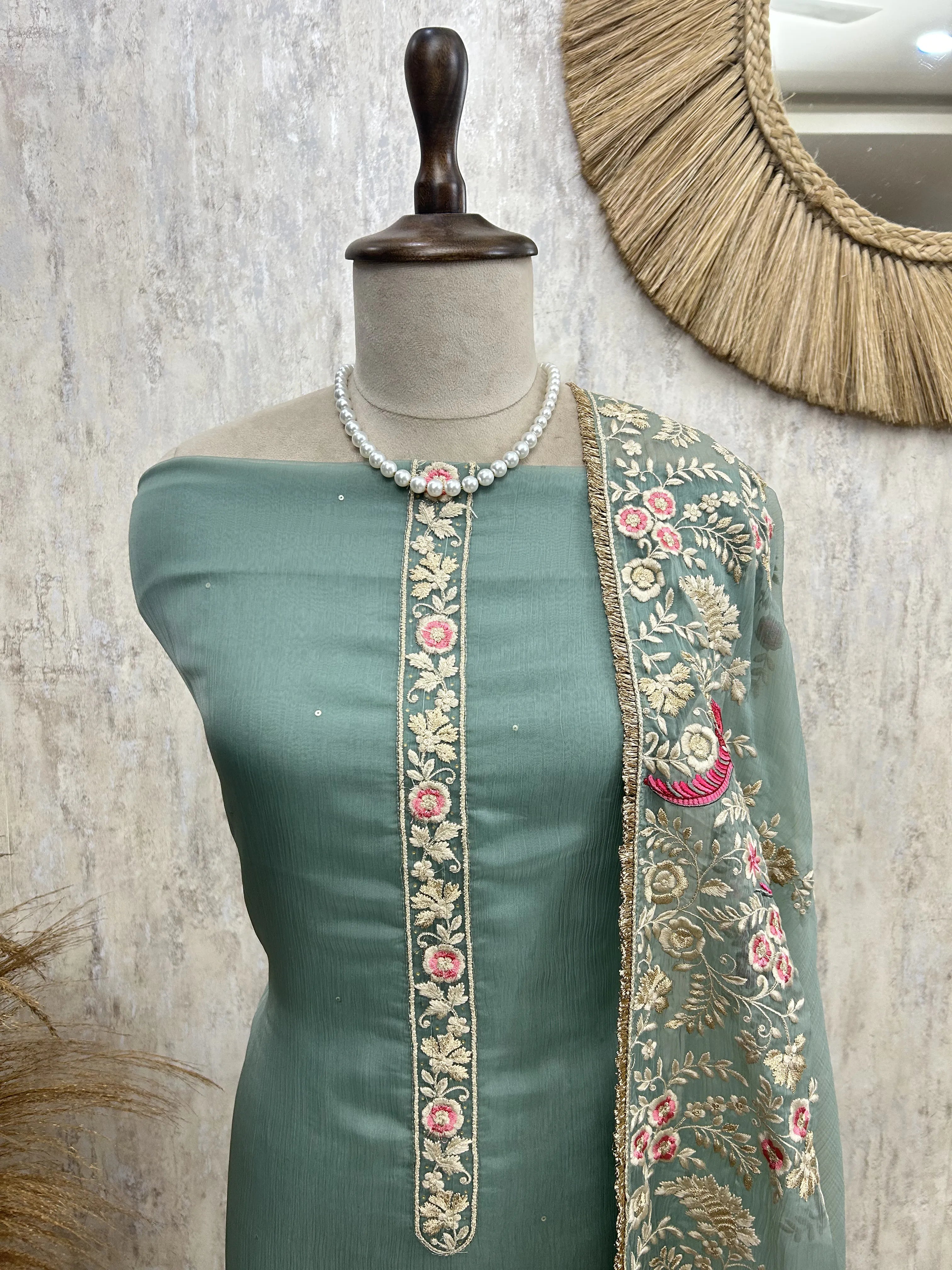 Chiffon Organza Unstitched Suit Set With Chiffon Organza Dupatta