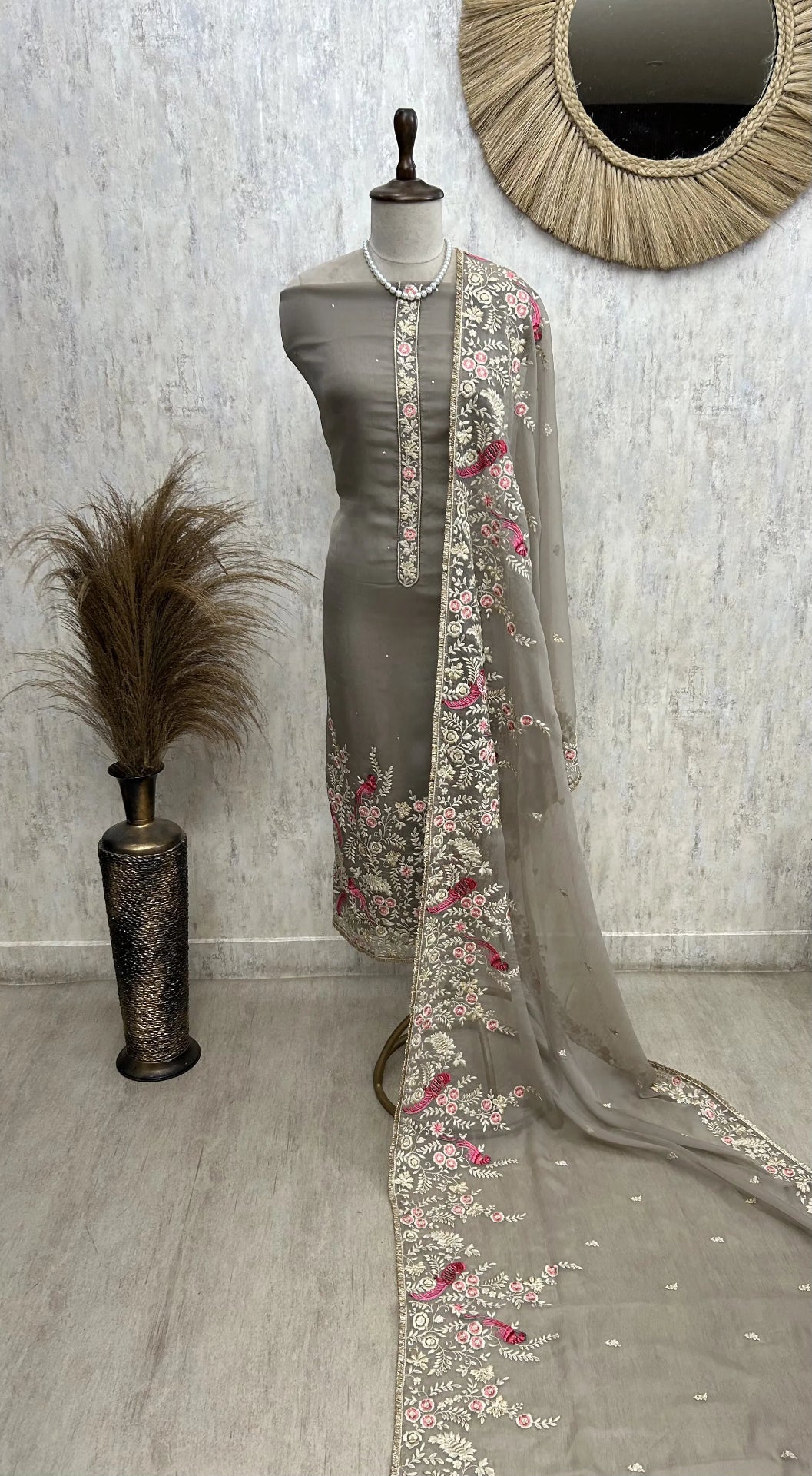 Chiffon Organza Unstitched Suit Set With Chiffon Organza Dupatta