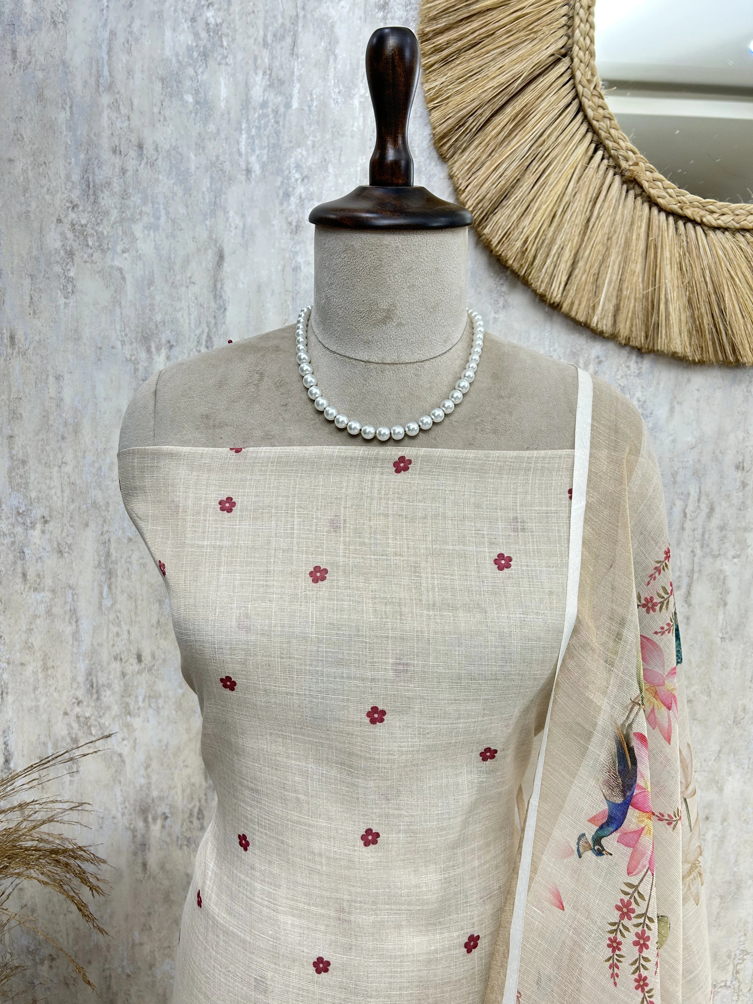 Peacock Print Jamdani Linen Unstitched Suit Set