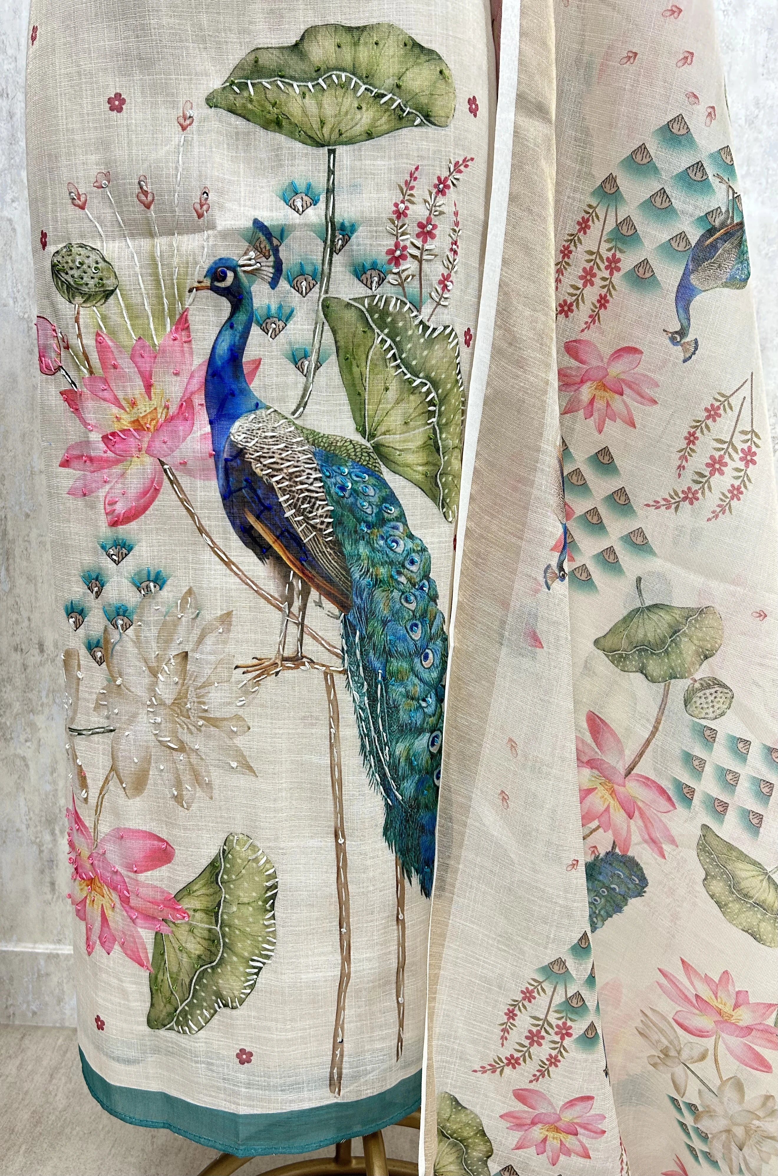 Peacock Print Jamdani Linen Unstitched Suit Set