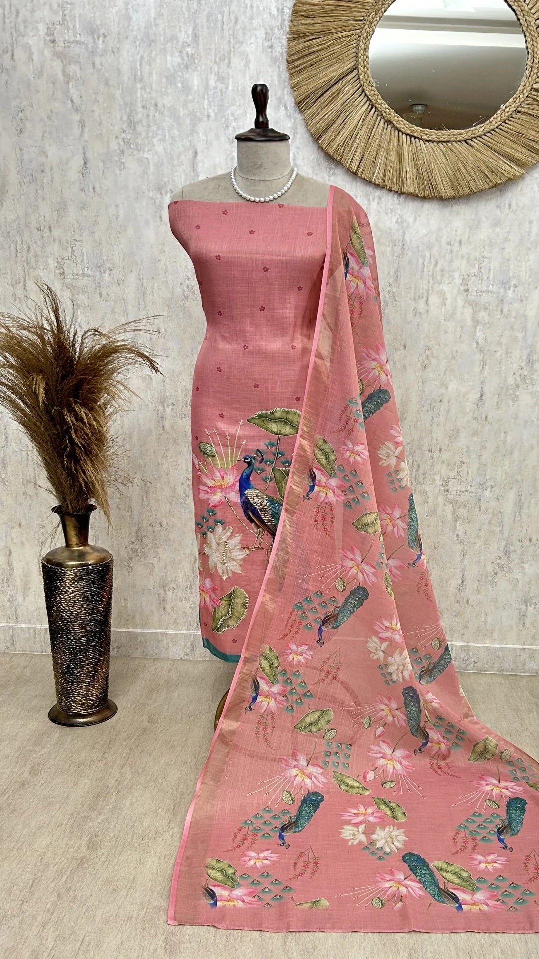 Peacock Print Jamdani Linen Unstitched Suit Set