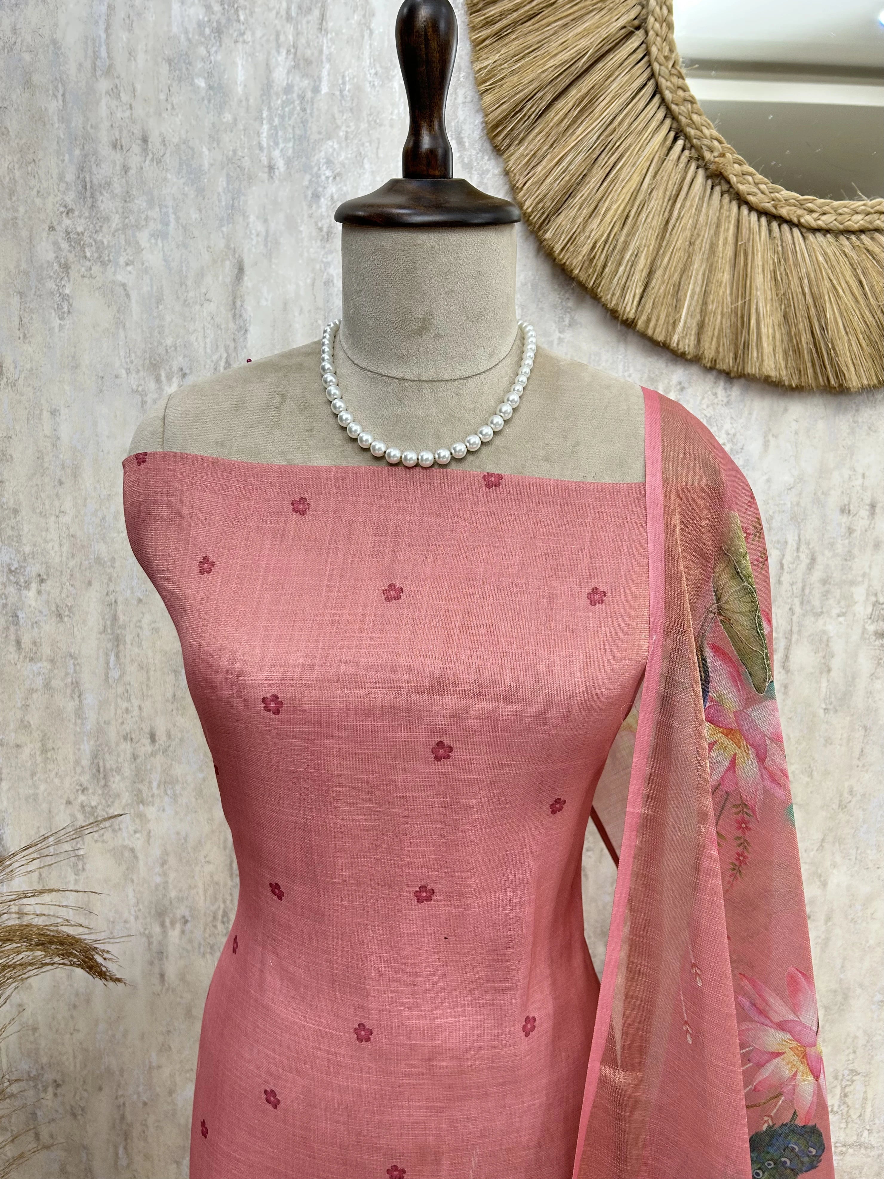 Peacock Print Jamdani Linen Unstitched Suit Set