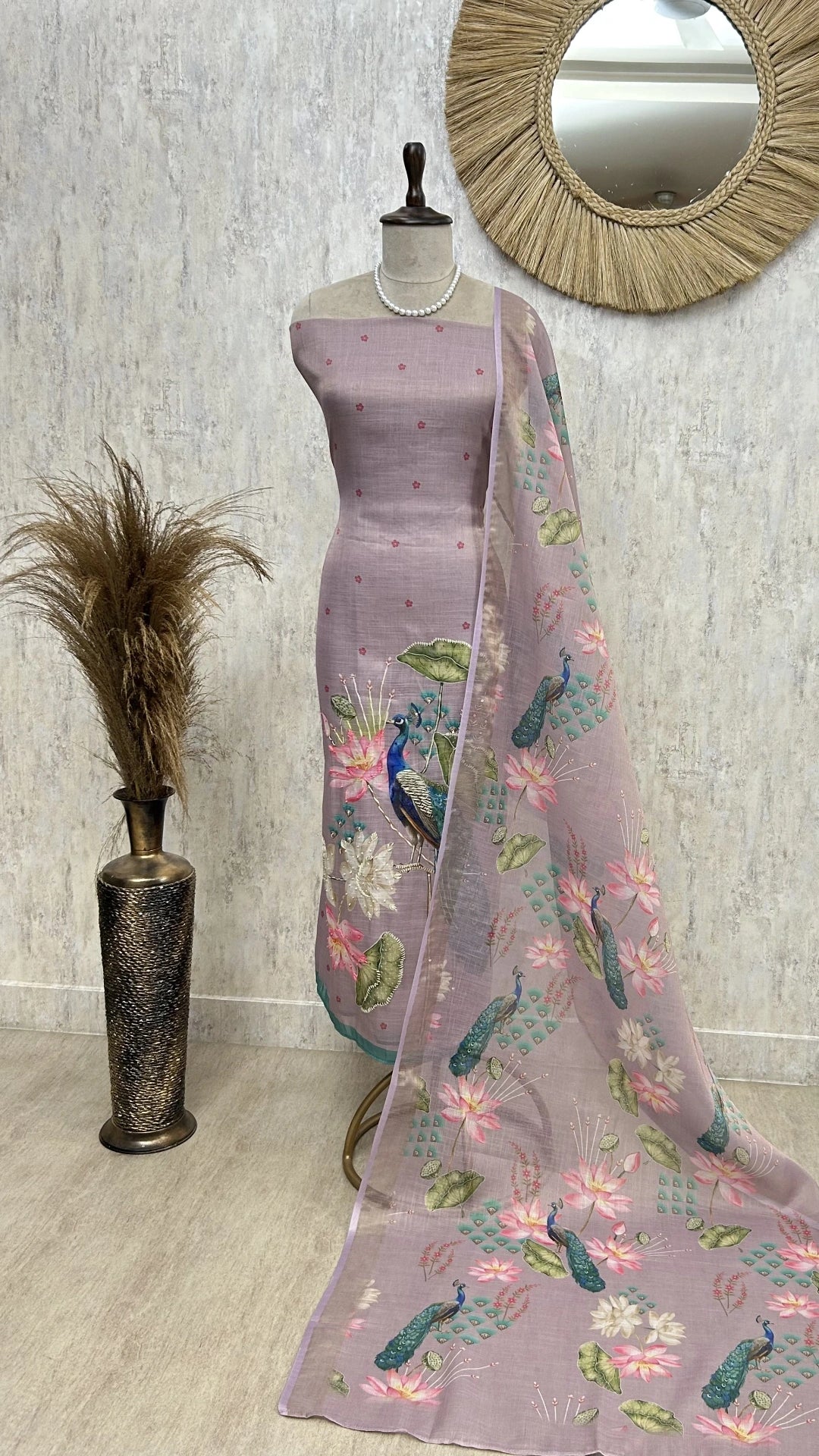 Peacock Print Jamdani Linen Unstitched Suit Set