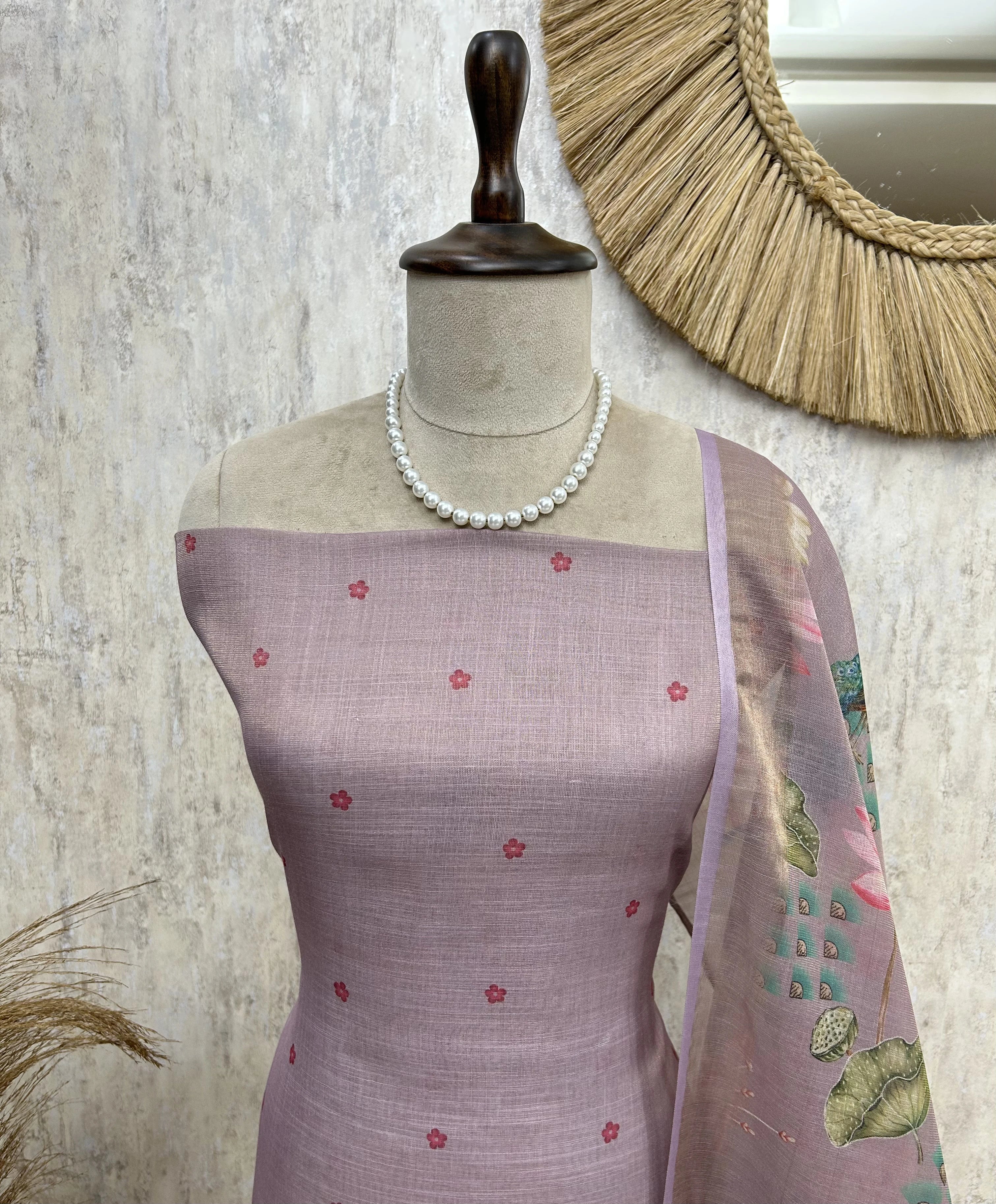 Peacock Print Jamdani Linen Unstitched Suit Set