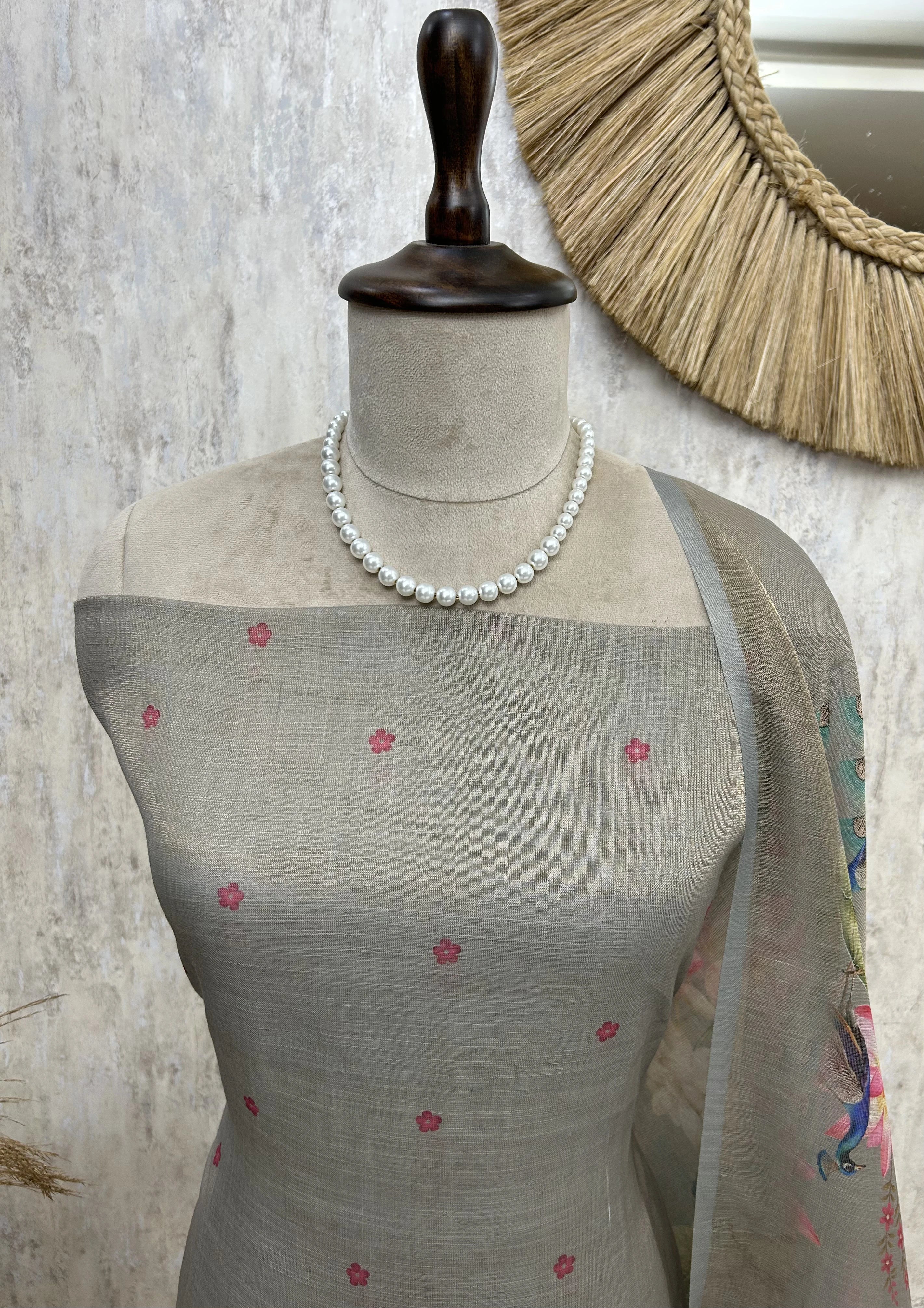 Peacock Print Jamdani Linen Unstitched Suit Set