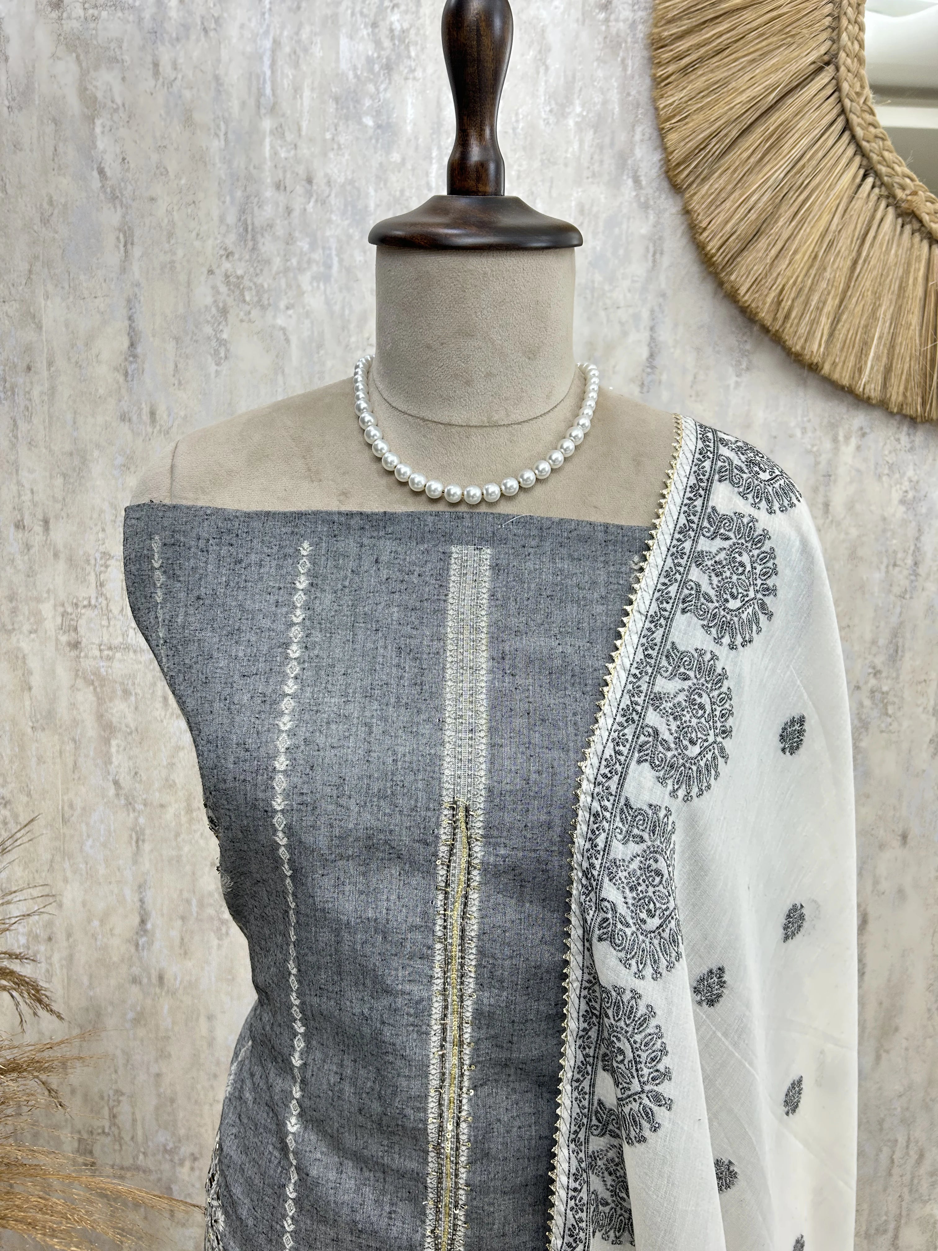 Premium Weaving Work Cotton Unstitched Suit  Set