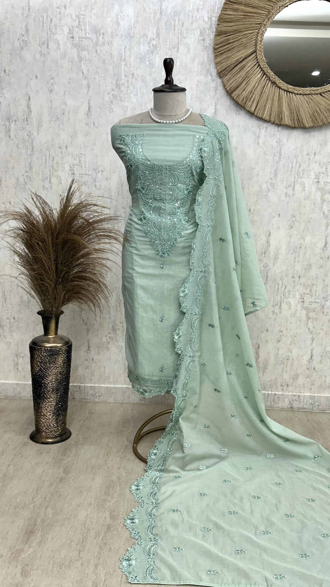 Thread & Pearl Work Mul Chanderi Unstitched Suit Set