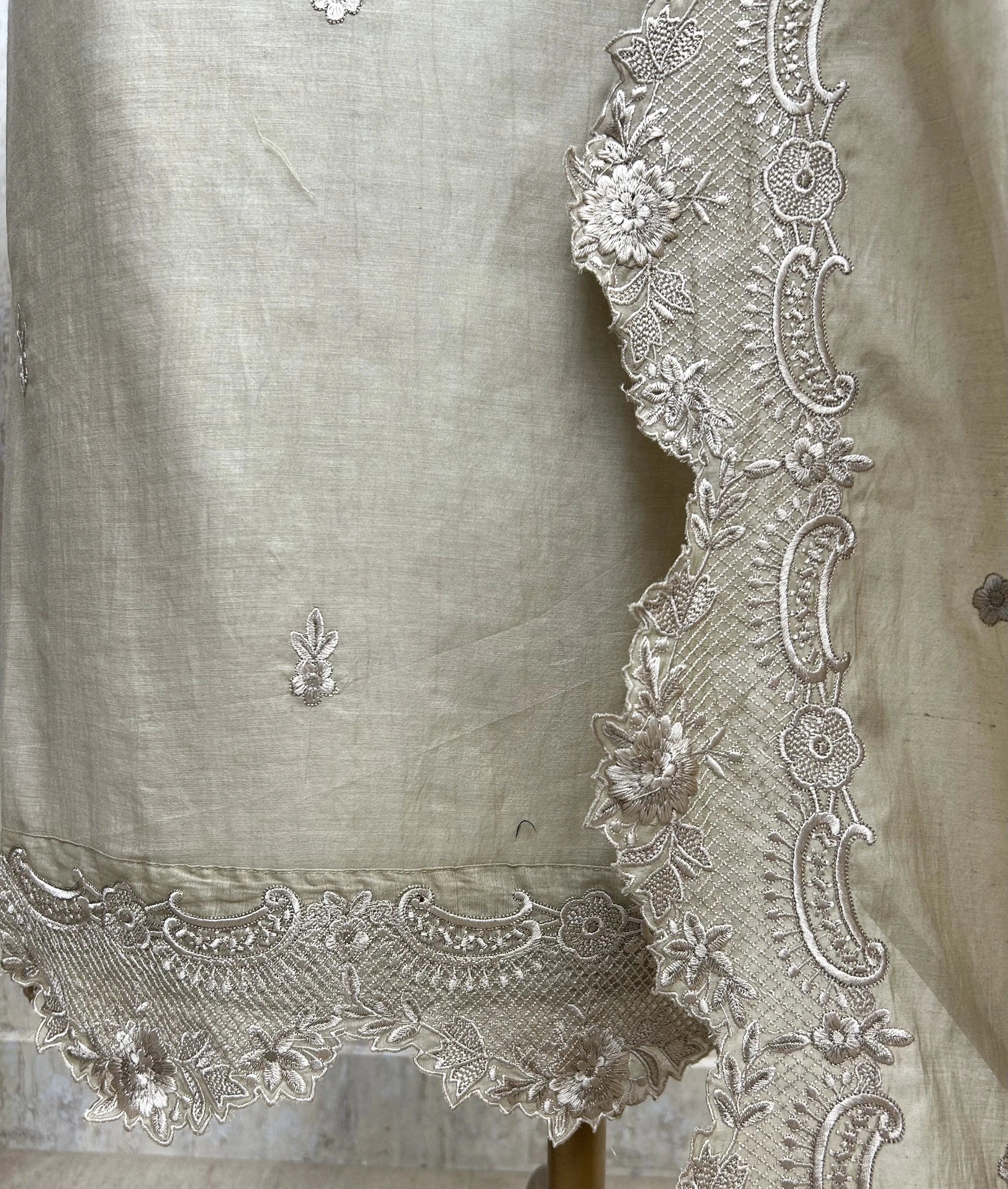 Thread & Pearl Work Mul Chanderi Unstitched Suit Set