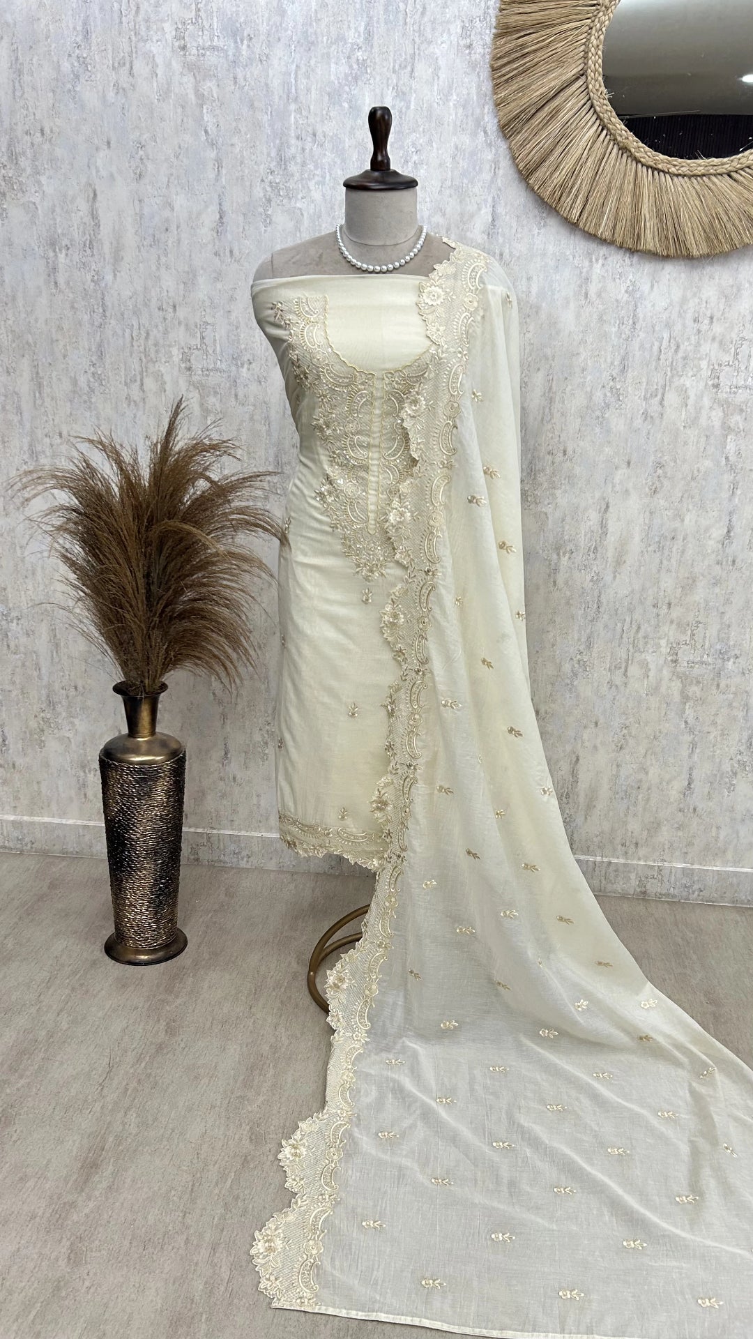 Thread & Pearl Work Mul Chanderi Unstitched Suit Set