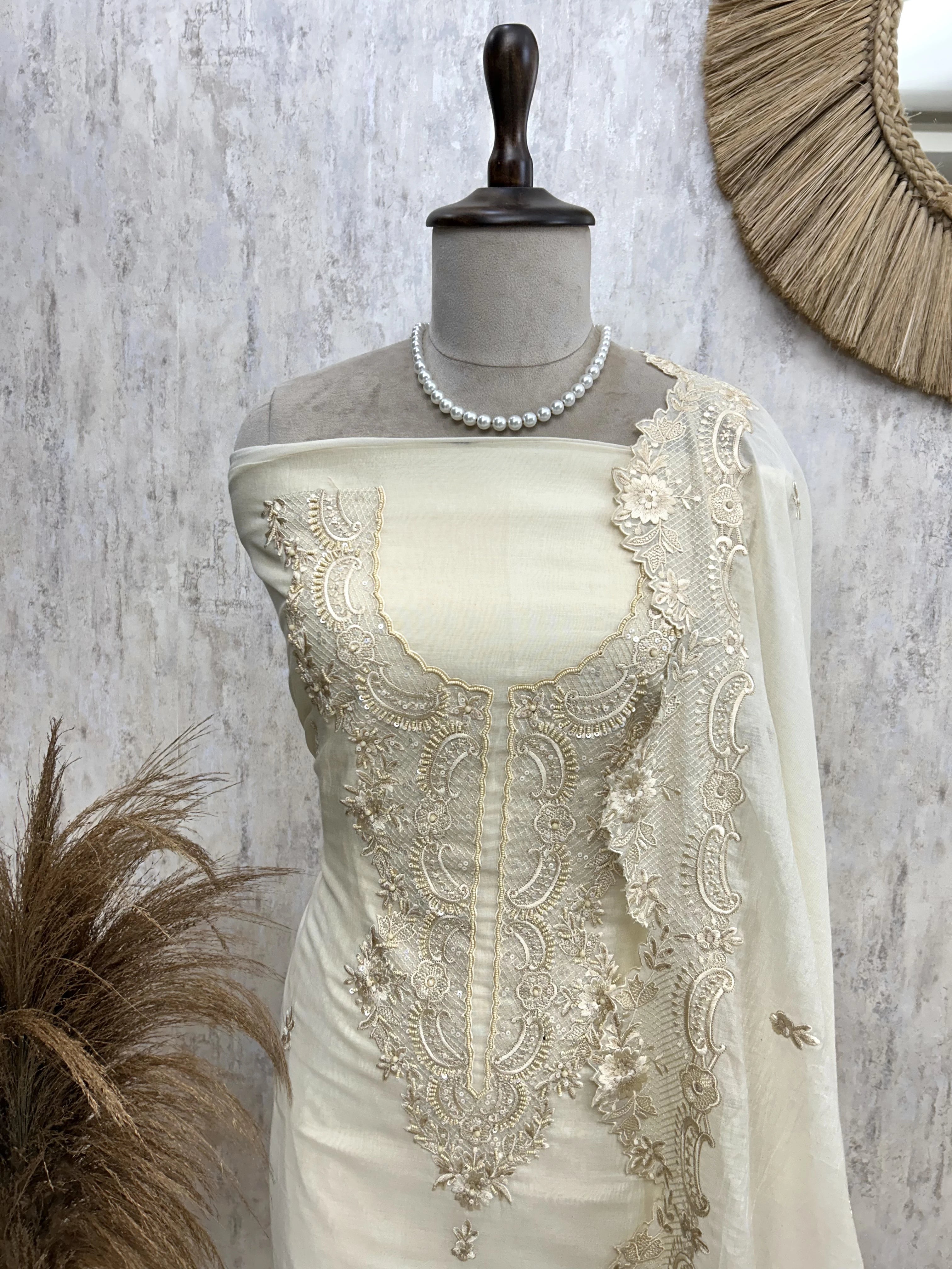 Thread & Pearl Work Mul Chanderi Unstitched Suit Set