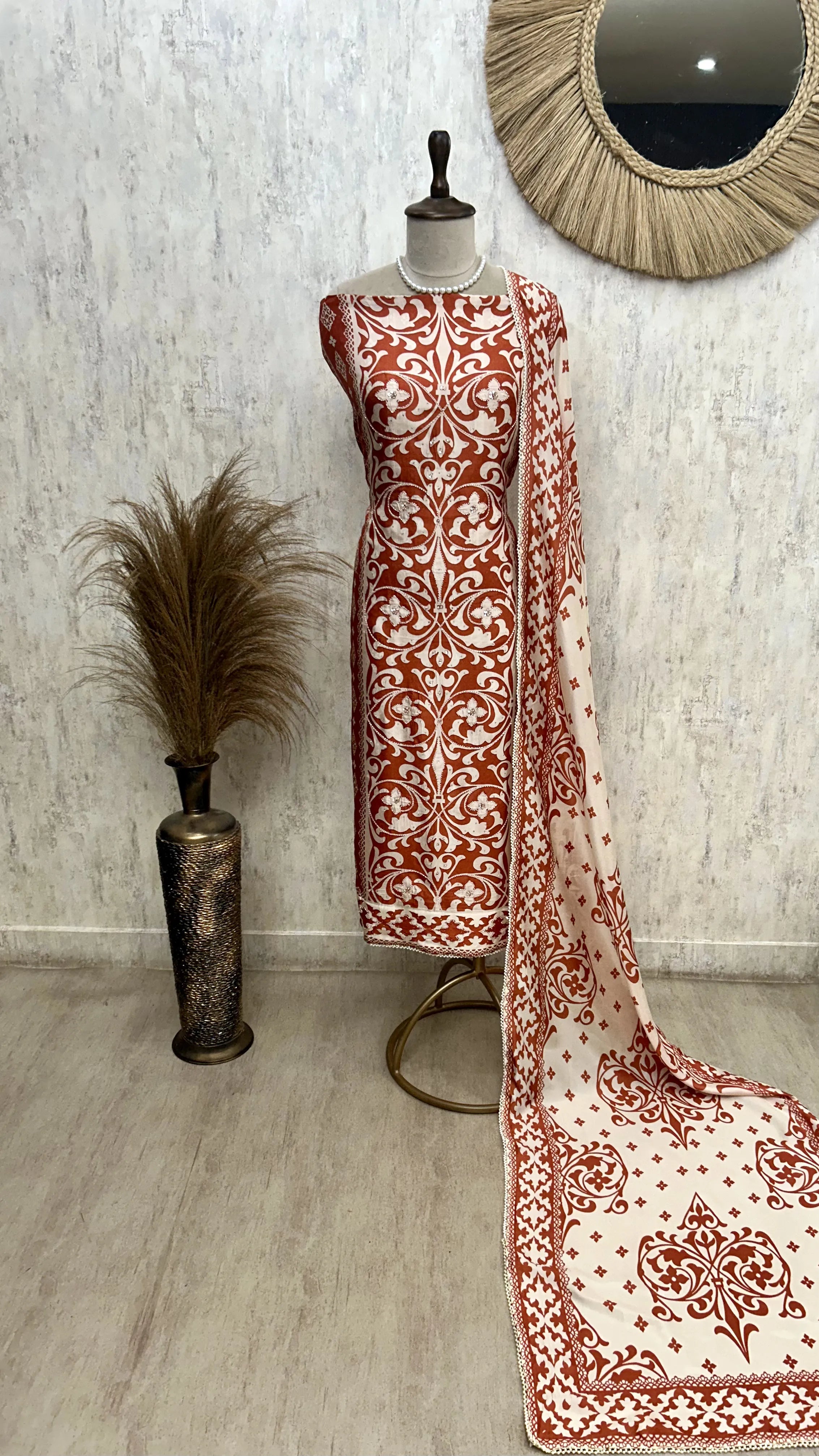 Printed Muslin Unstitched Suit Set With Detailing Of Pearl Work