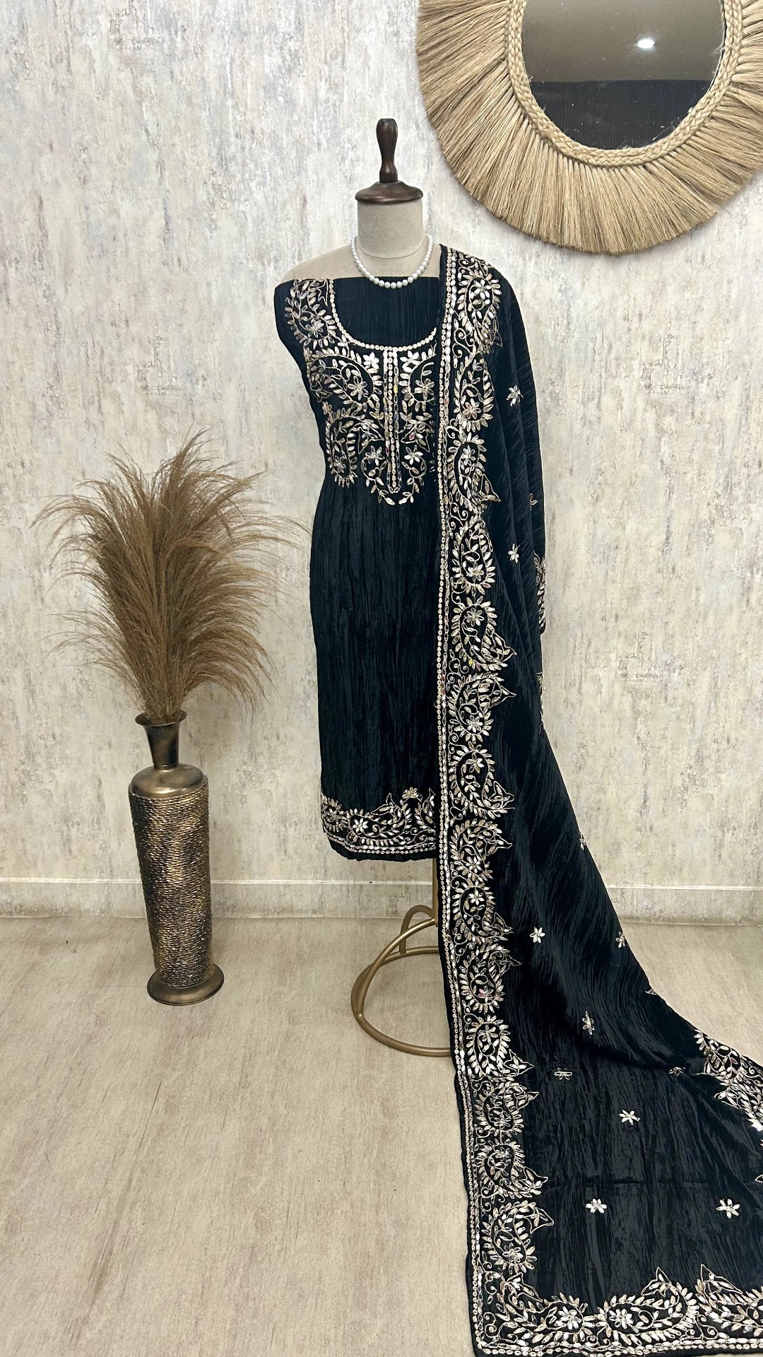 Crush Velvet Unstitched Suit Set Featuring Mirror Work On Bottom, Neckline & Dupatta