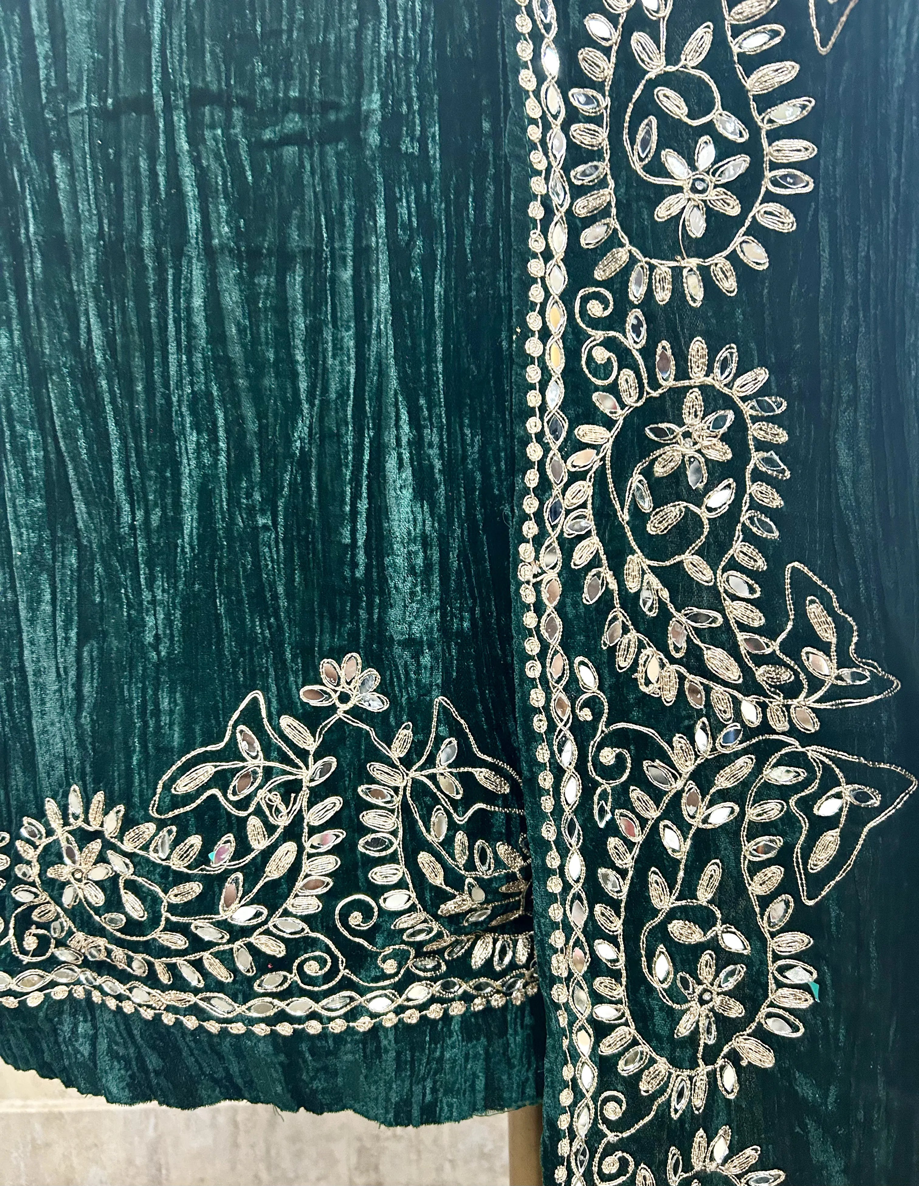 Crush Velvet Unstitched Suit Set Featuring Mirror Work On Bottom, Neckline & Dupatta