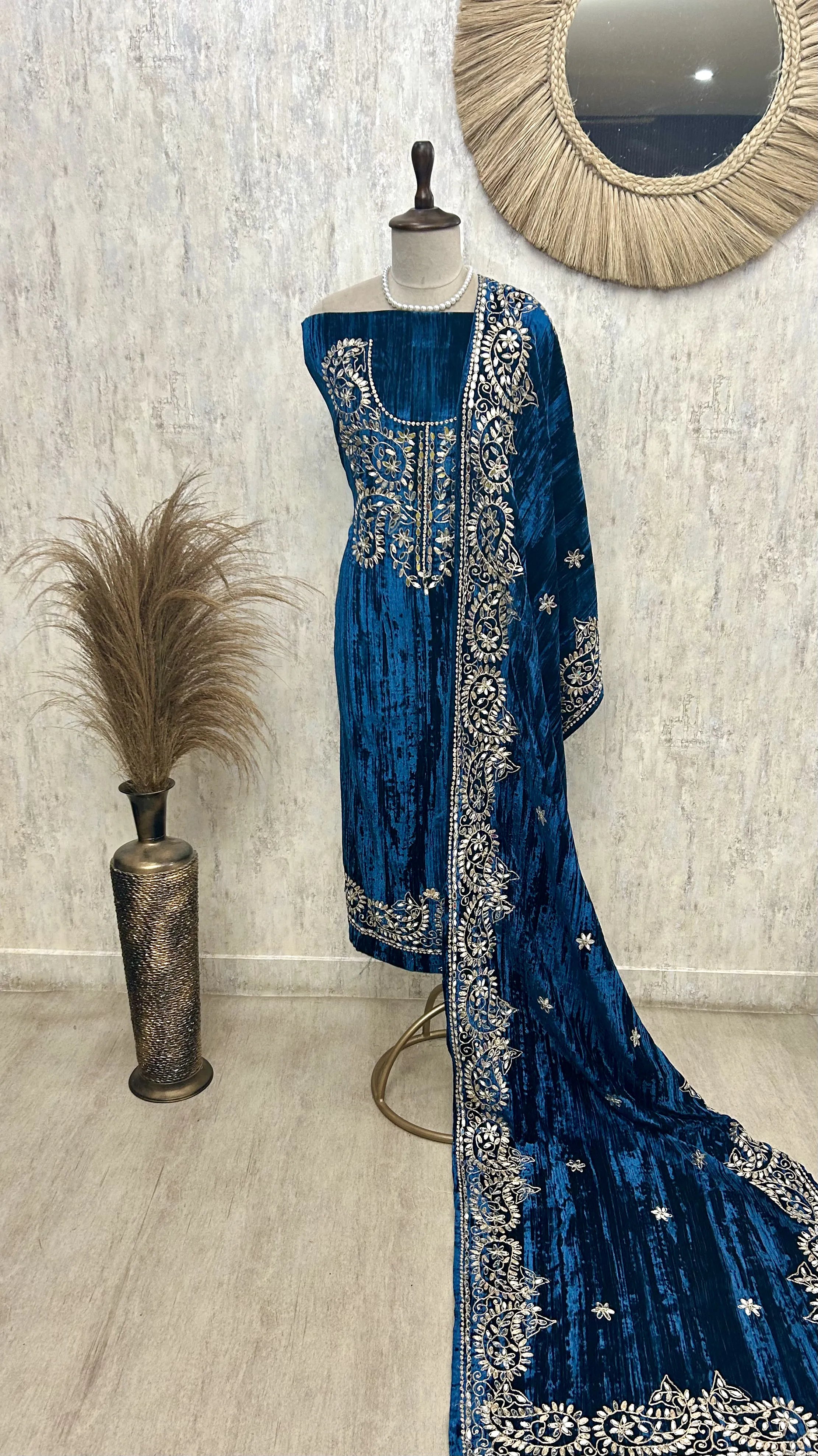 Crush Velvet Unstitched Suit Set Featuring Mirror Work On Bottom, Neckline & Dupatta
