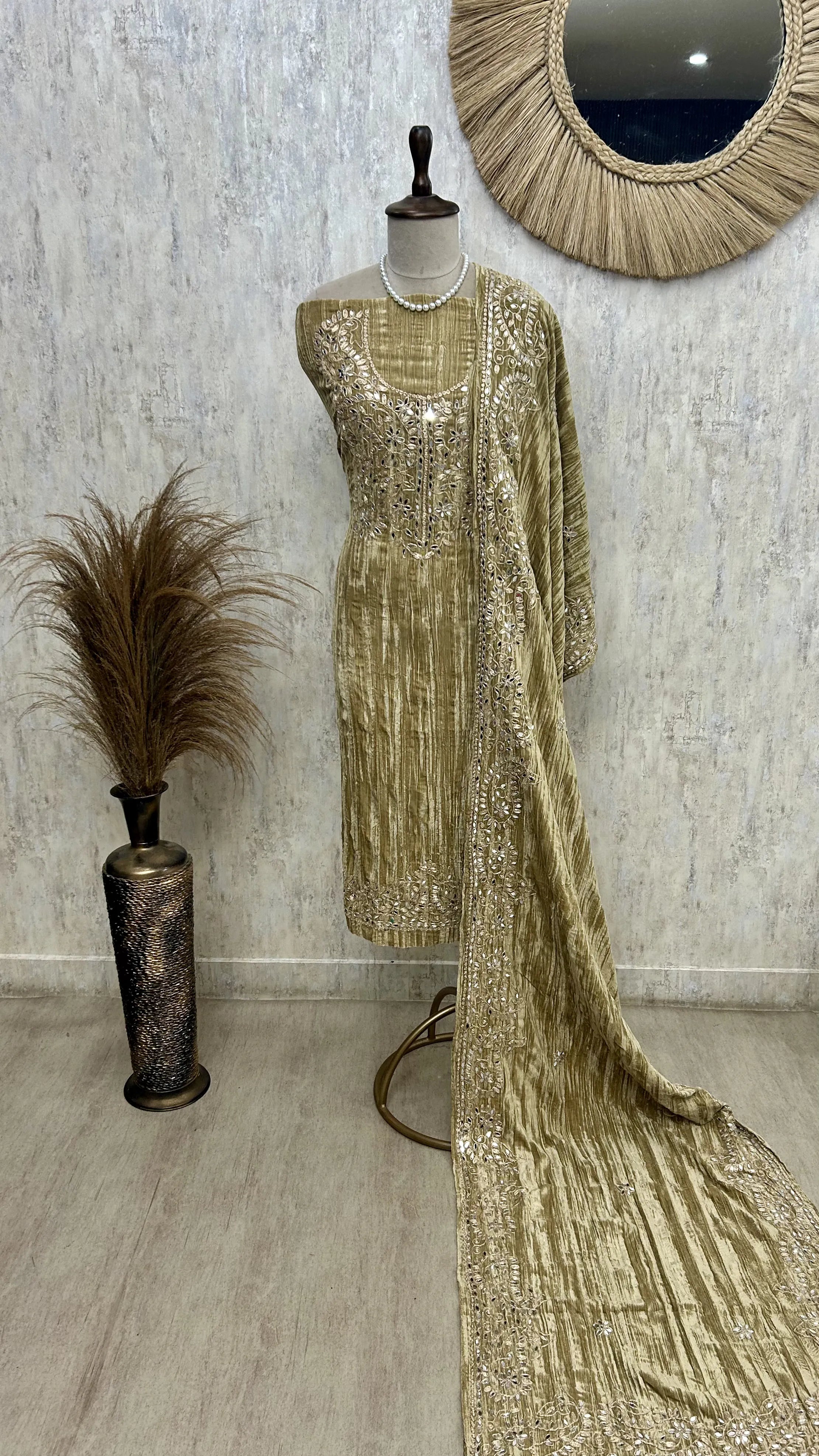 Crush Velvet Unstitched Suit Set Featuring Mirror Work On Bottom, Neckline & Dupatta