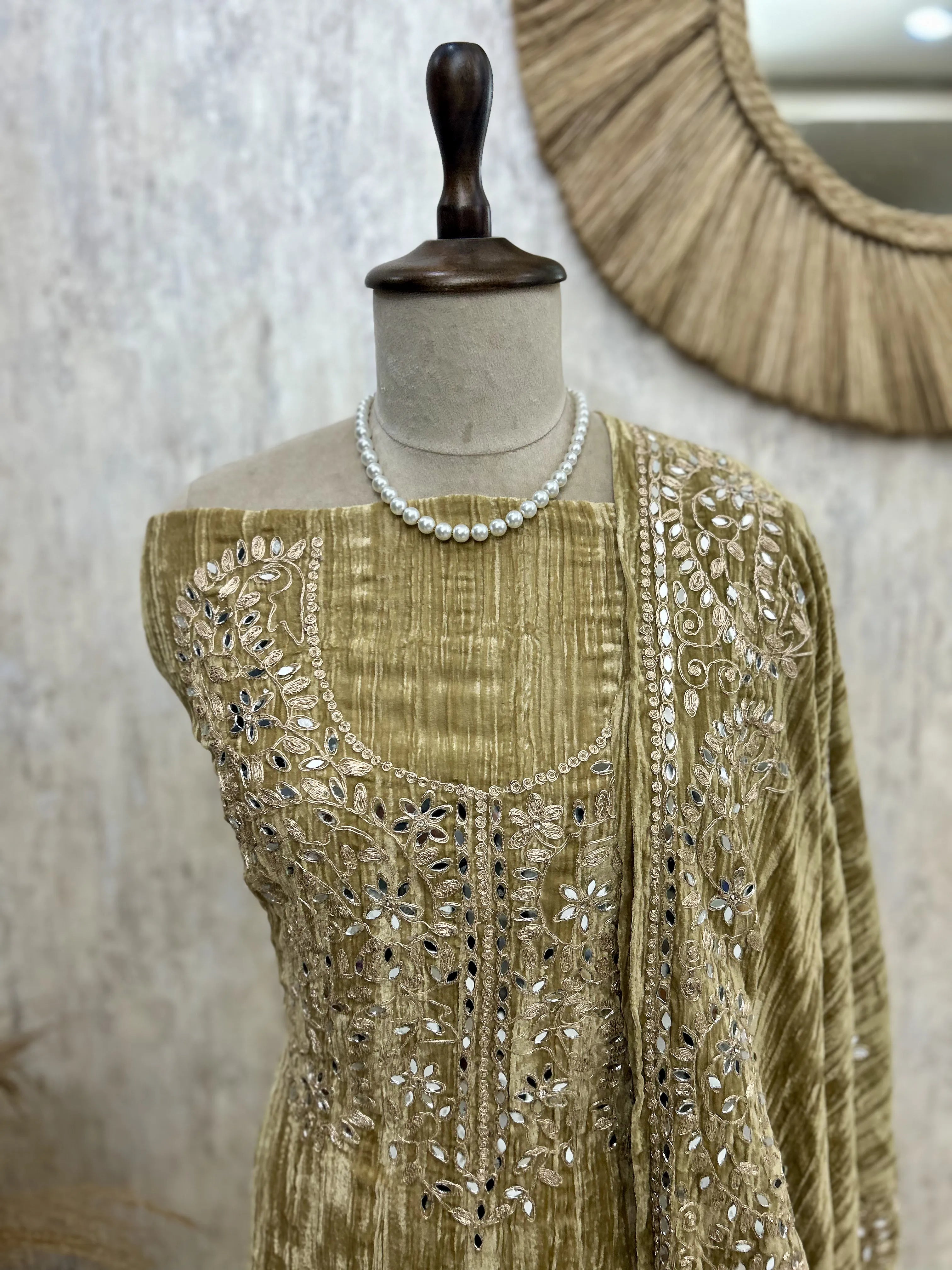 Crush Velvet Unstitched Suit Set Featuring Mirror Work On Bottom, Neckline & Dupatta