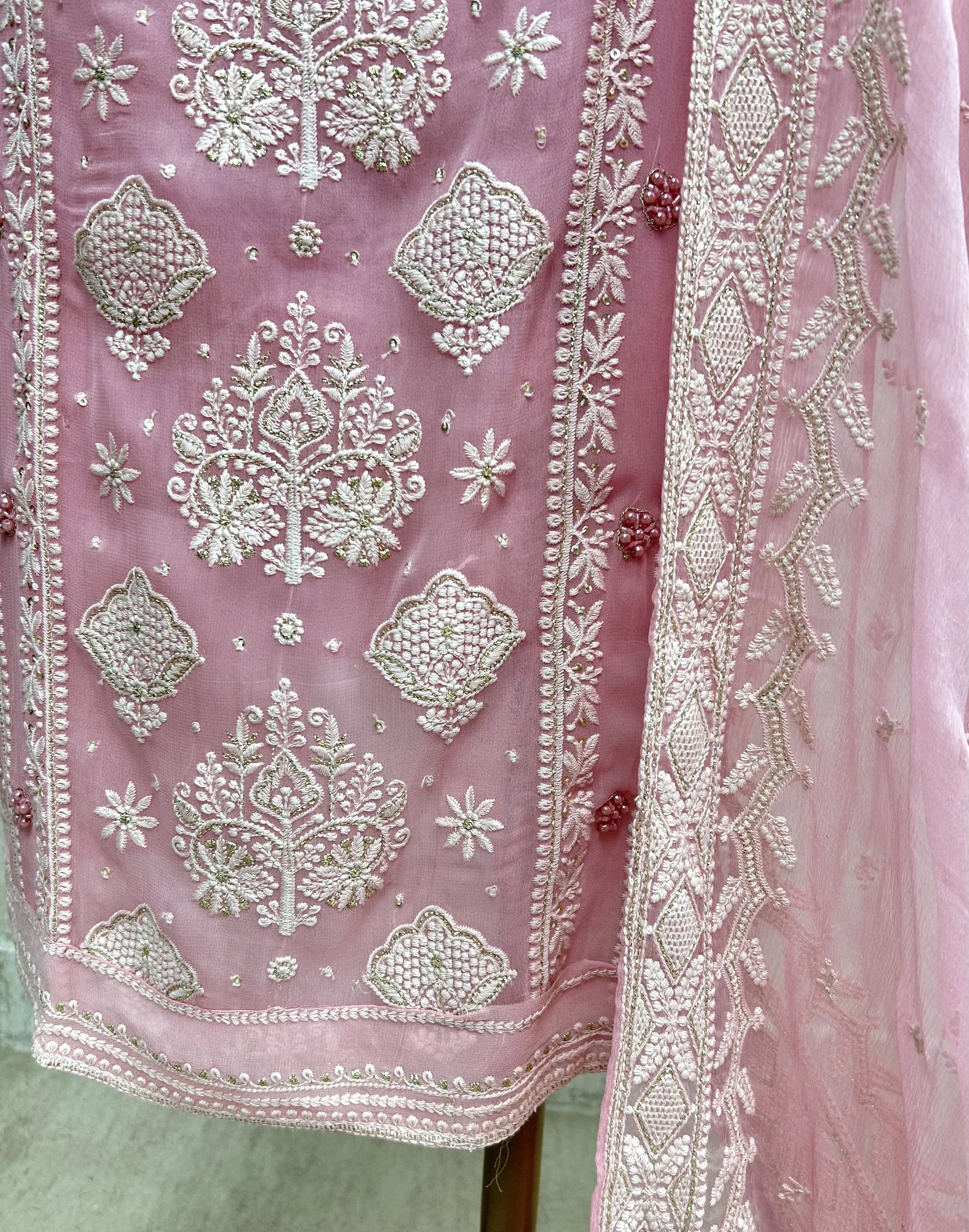 Chikankari & Pearl Work Georgette Unstitched Suit Set