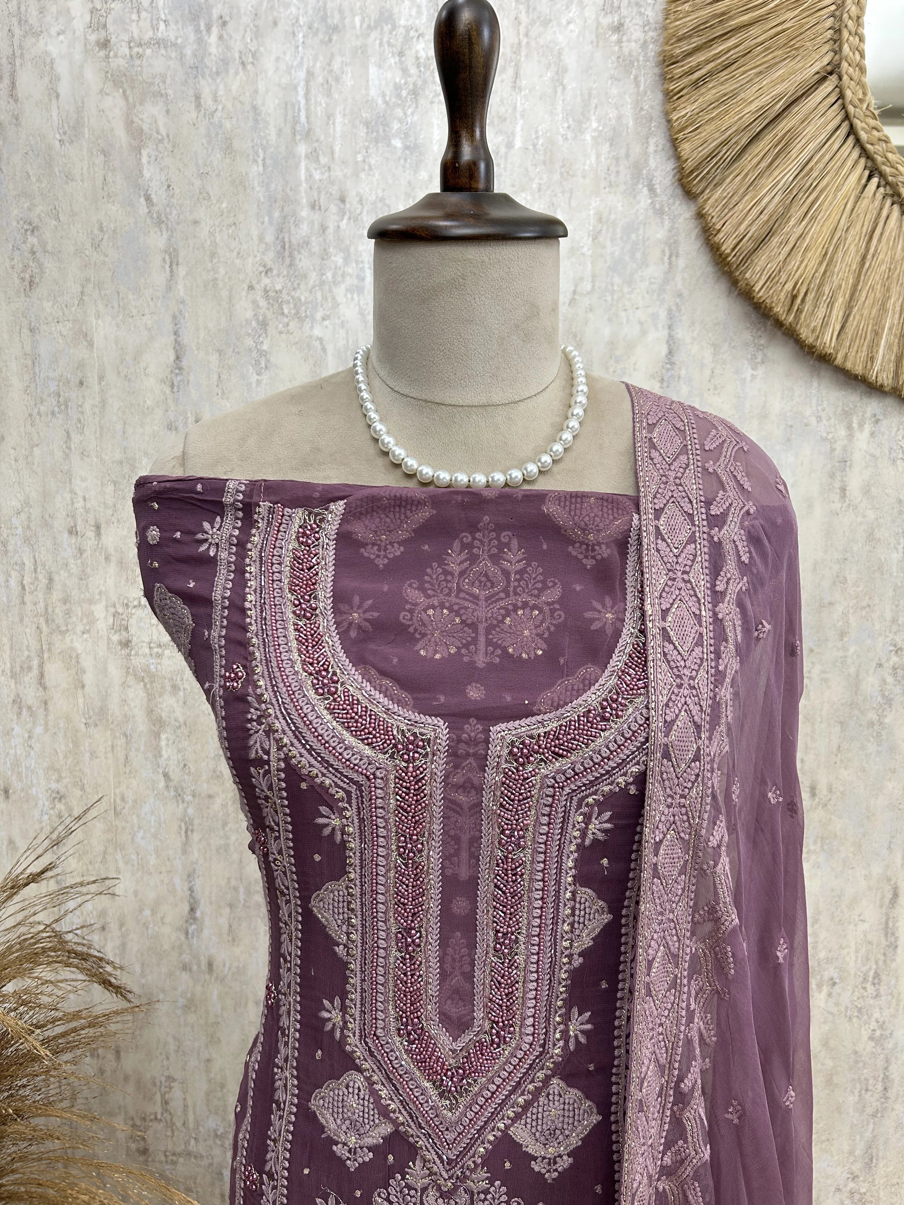 Chikankari & Pearl Work Georgette Unstitched Suit Set