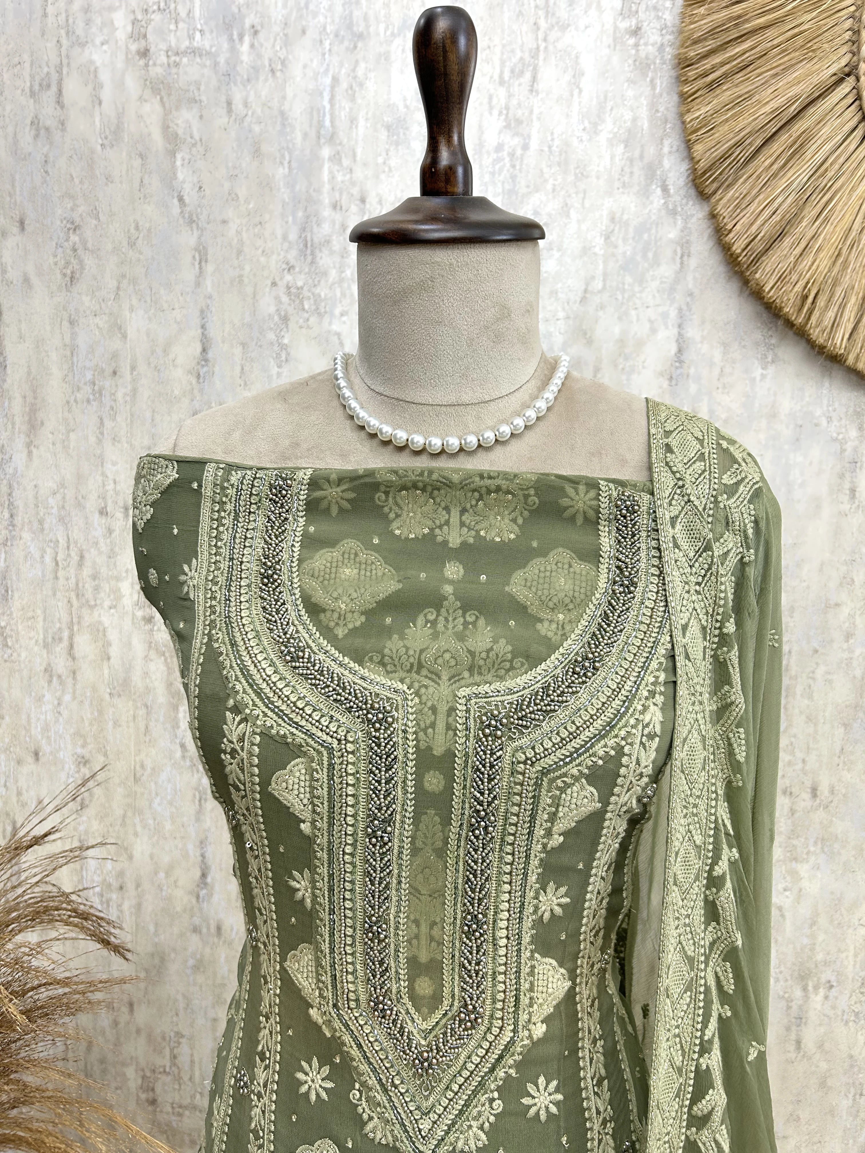 Chikankari & Pearl Work Georgette Unstitched Suit Set