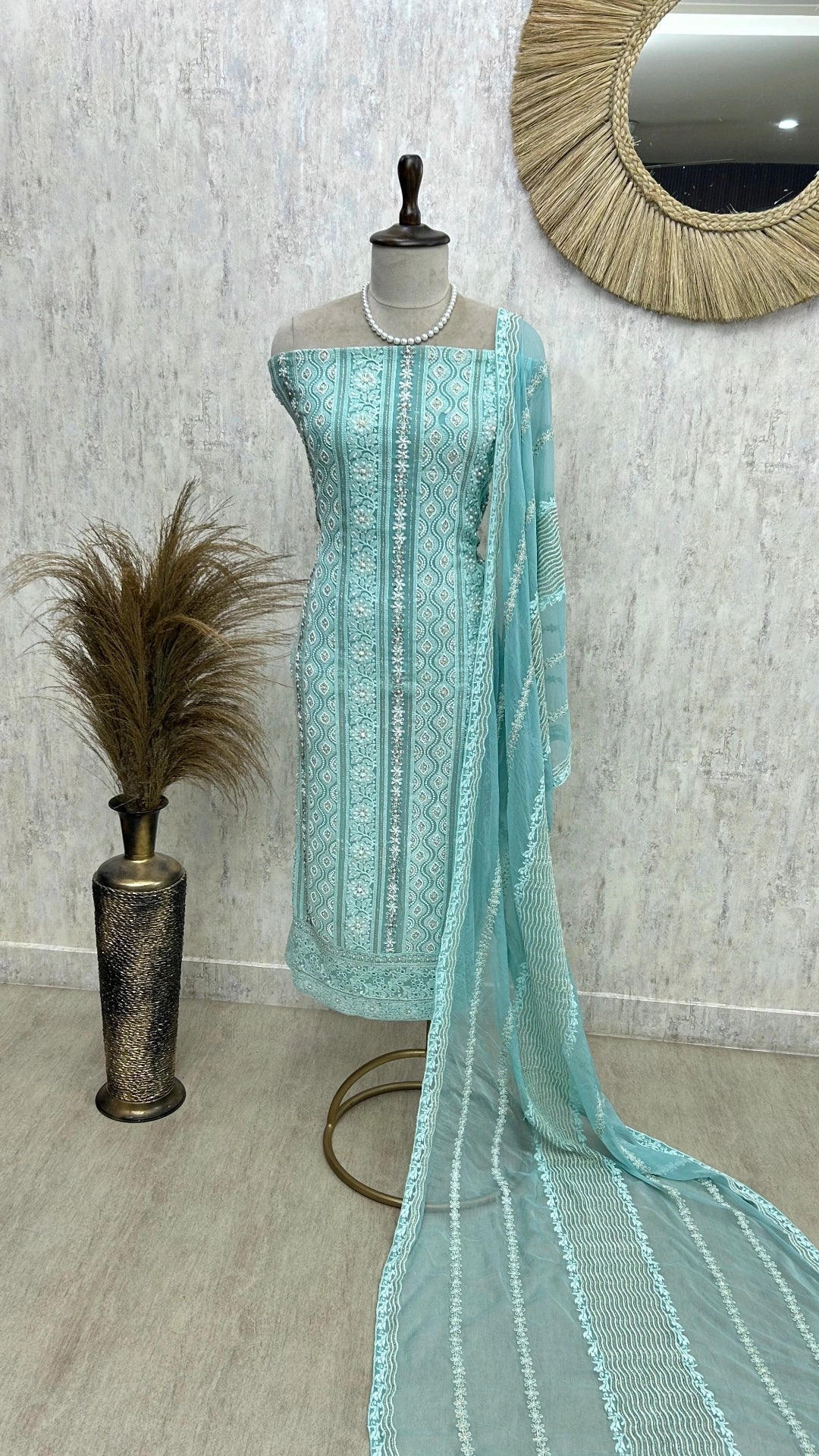 Lucknowi Pearl Work Georgette Unstitched Suit Set