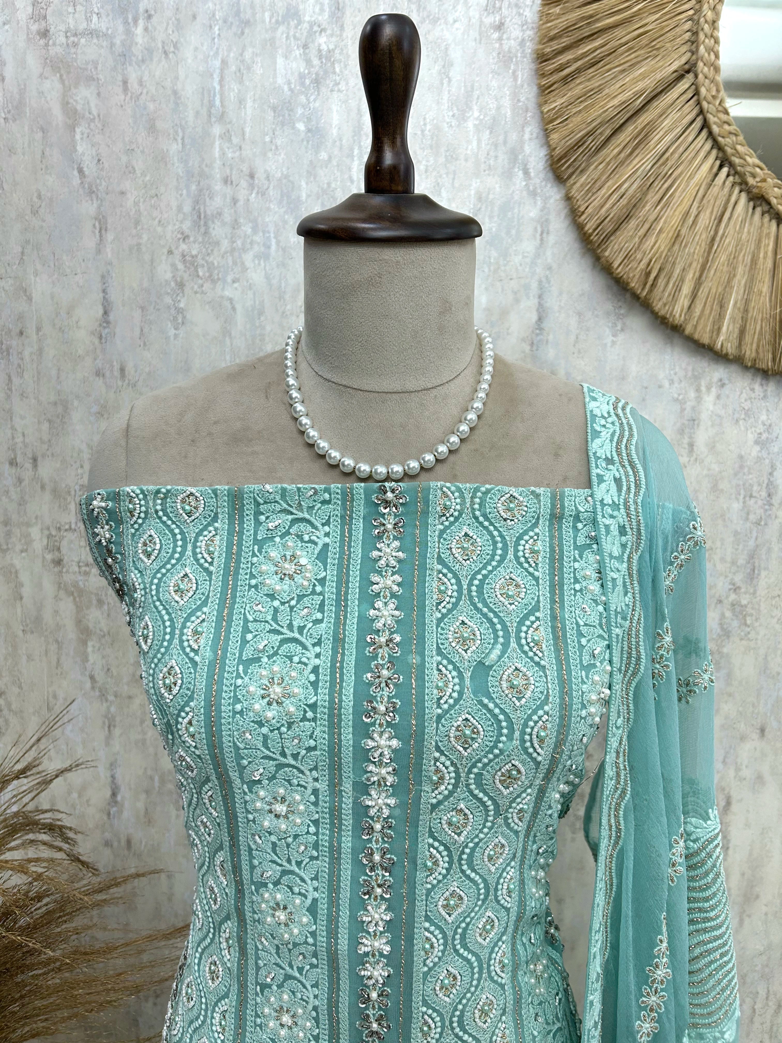 Lucknowi Pearl Work Georgette Unstitched Suit Set