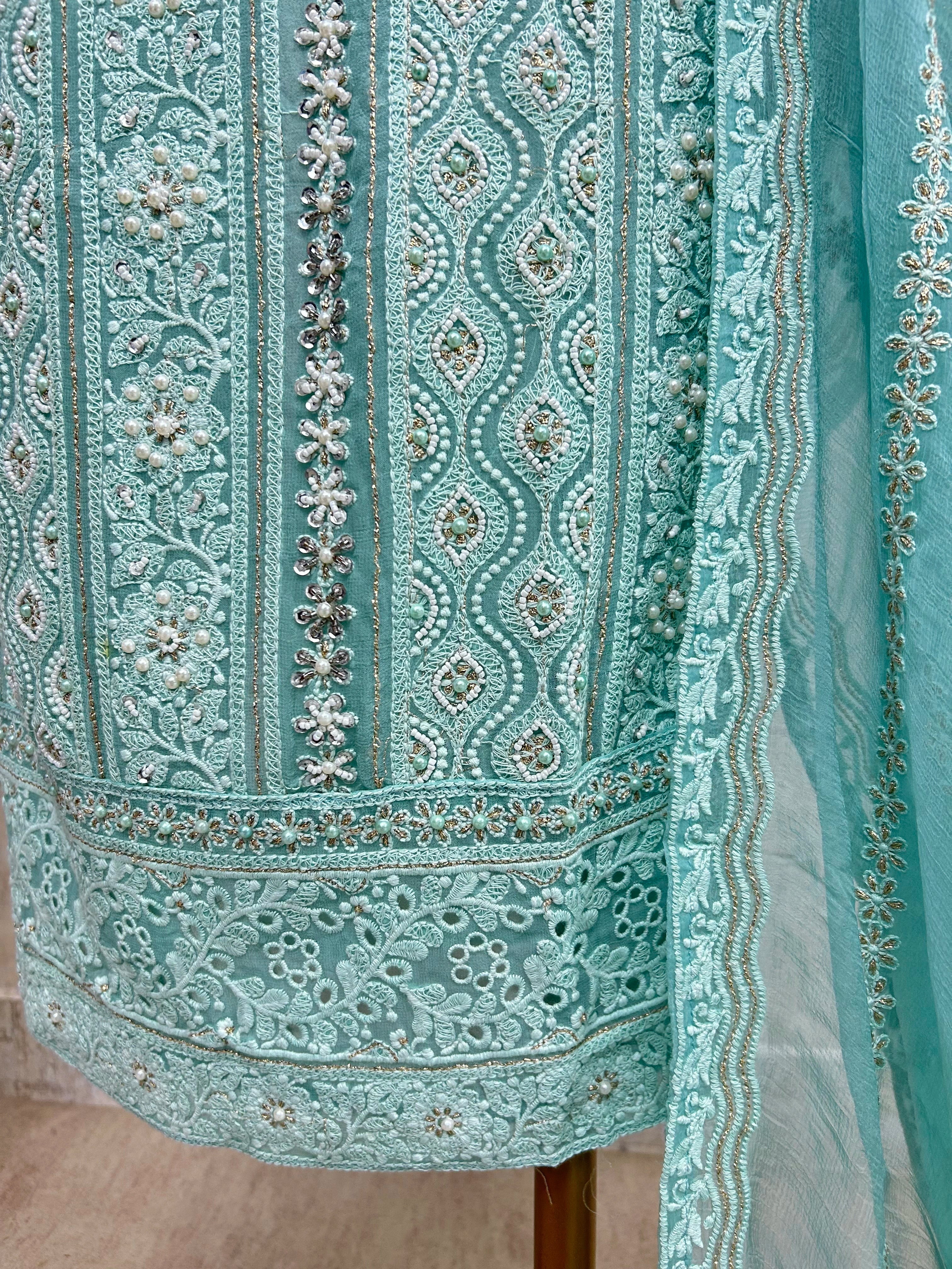 Lucknowi Pearl Work Georgette Unstitched Suit Set