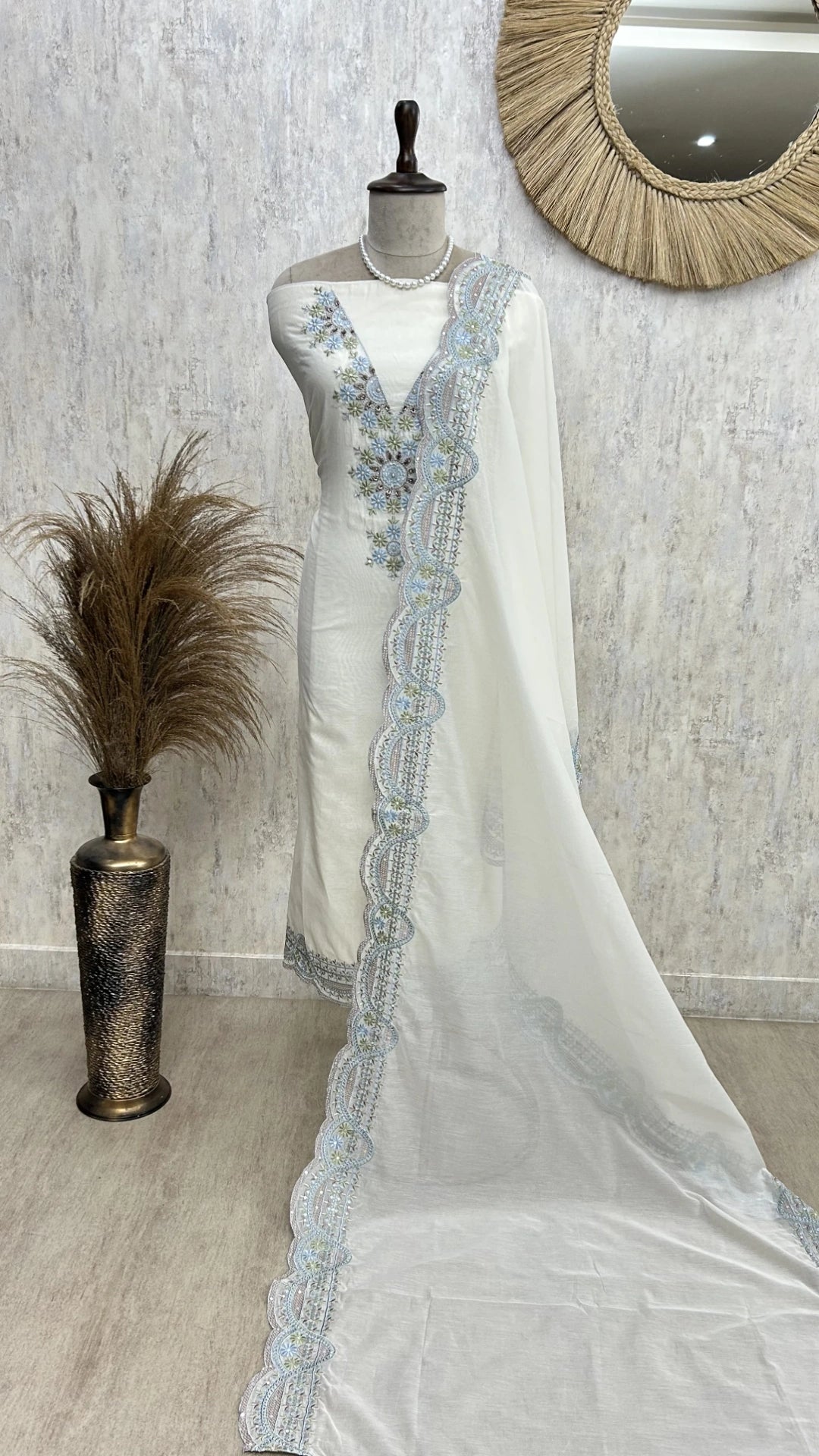 Embroidered Neckline Mul Chanderi Unstitched Suit Set