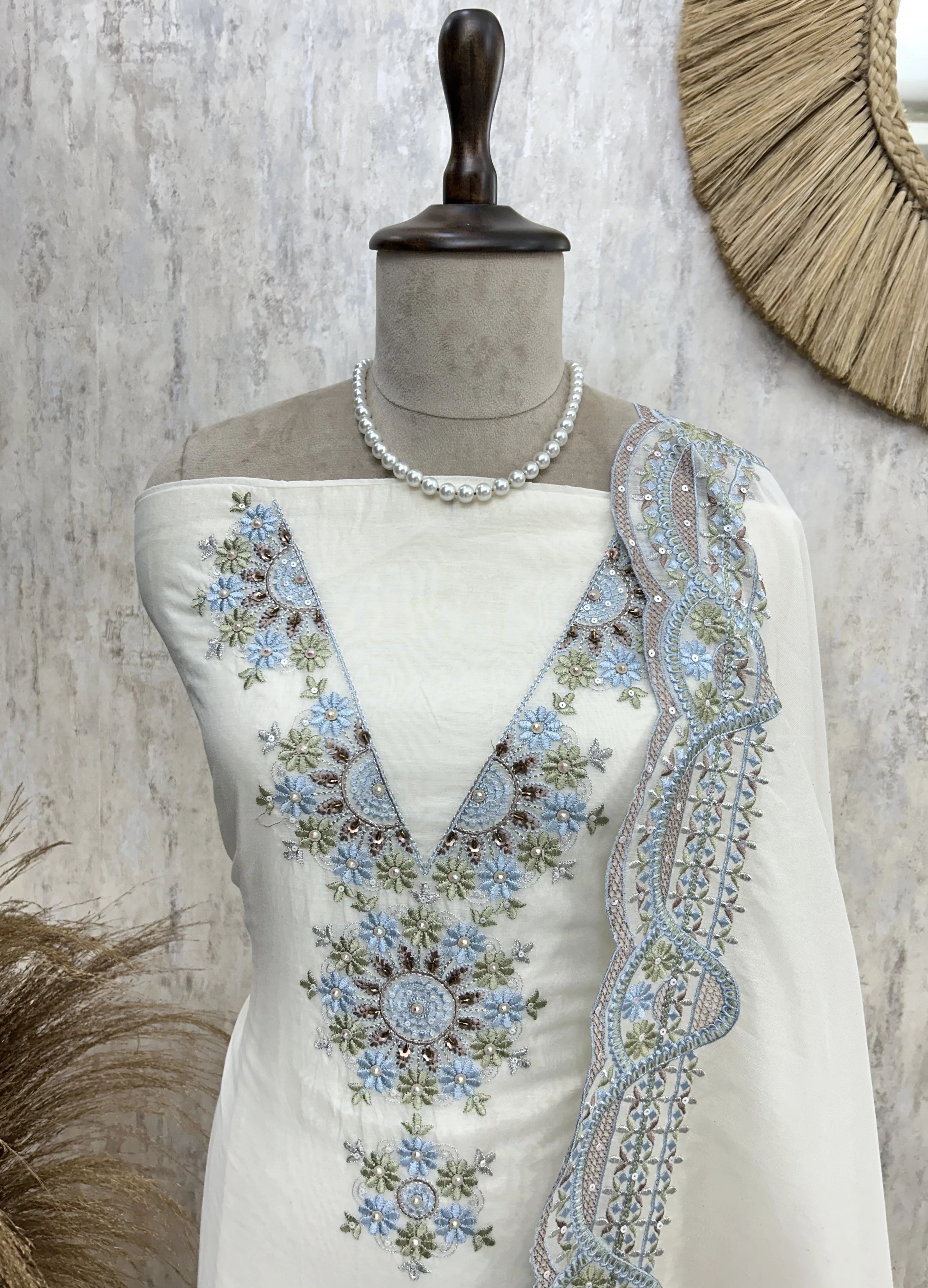 Embroidered Neckline Mul Chanderi Unstitched Suit Set