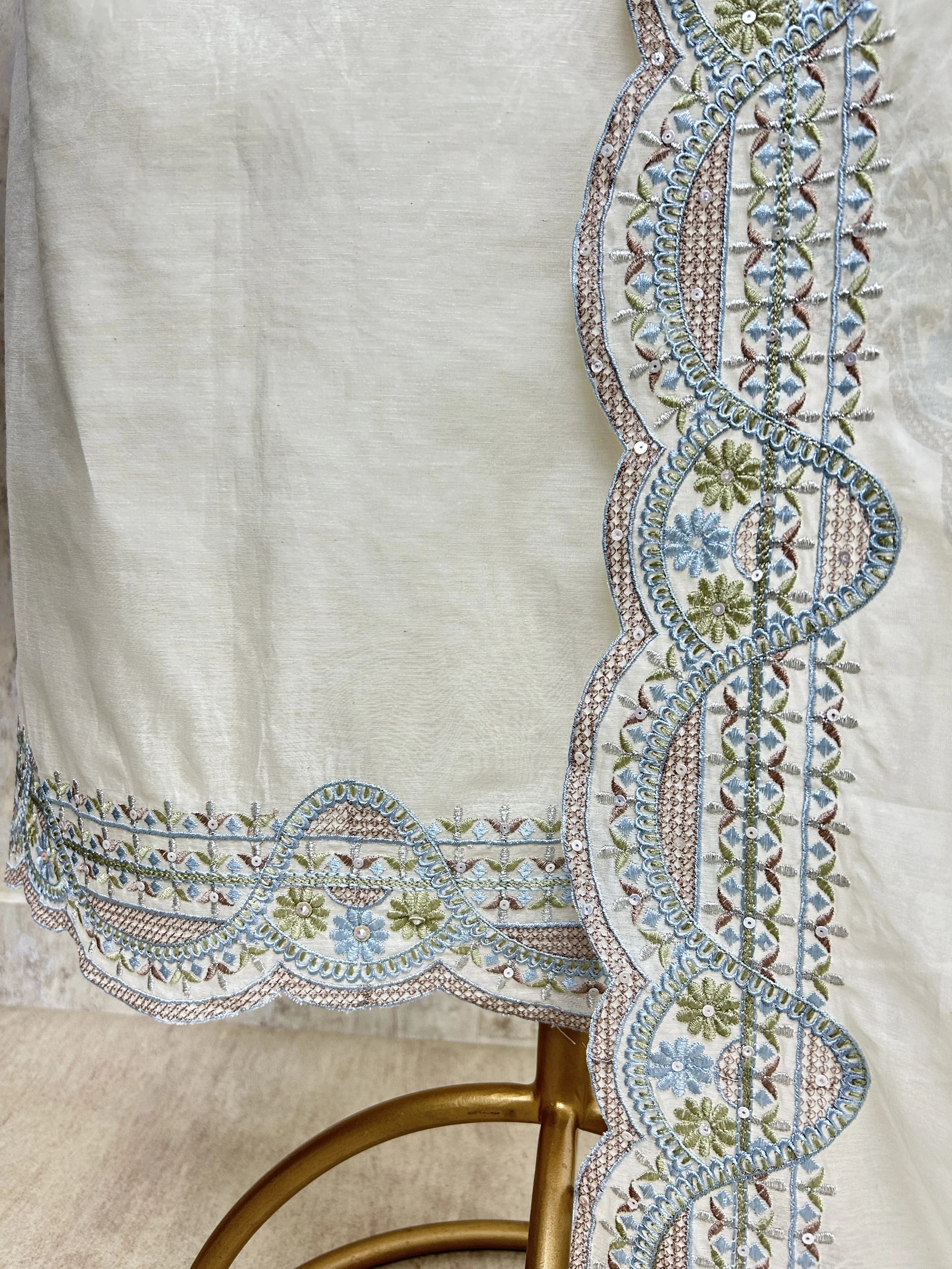 Embroidered Neckline Mul Chanderi Unstitched Suit Set