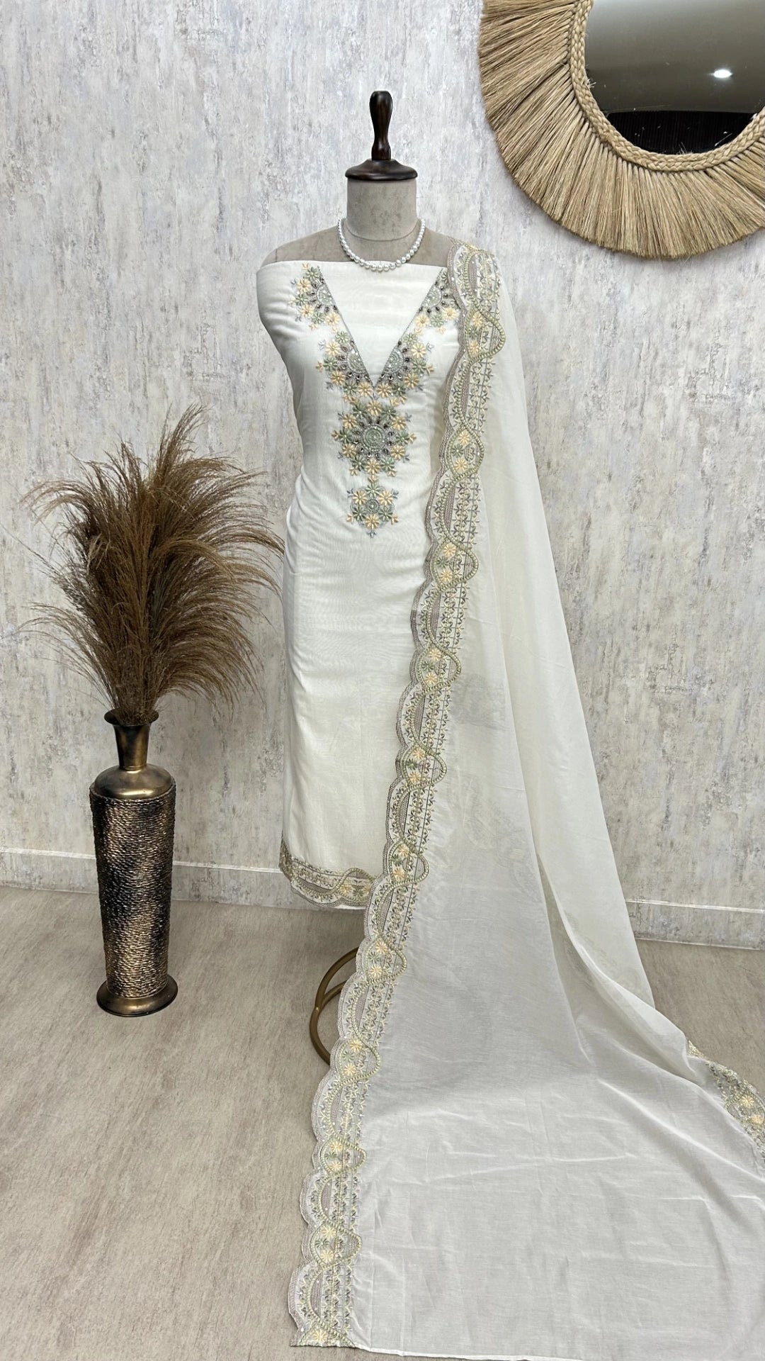 Embroidered Neckline Mul Chanderi Unstitched Suit Set