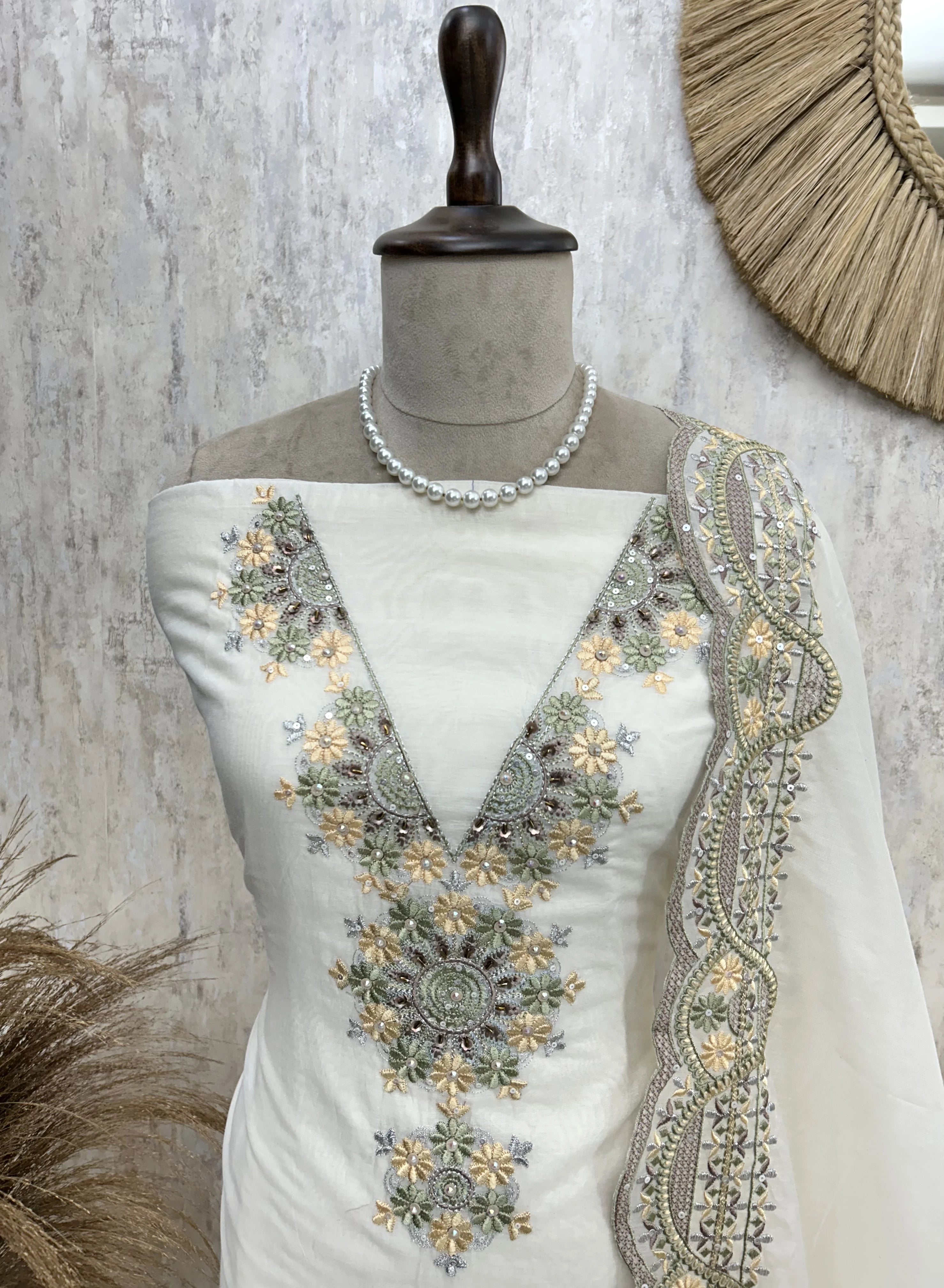 Embroidered Neckline Mul Chanderi Unstitched Suit Set
