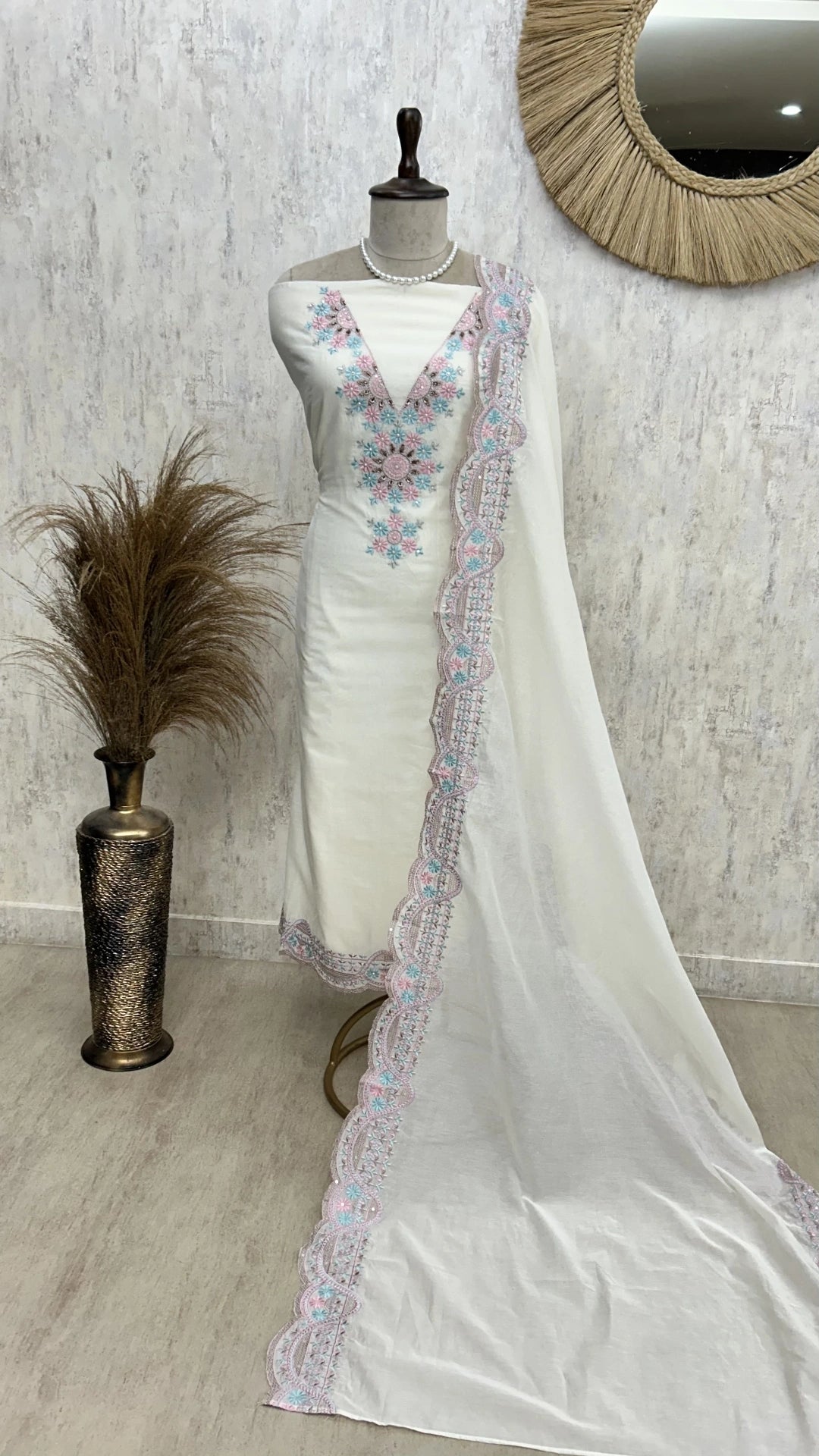 Embroidered Neckline Mul Chanderi Unstitched Suit Set