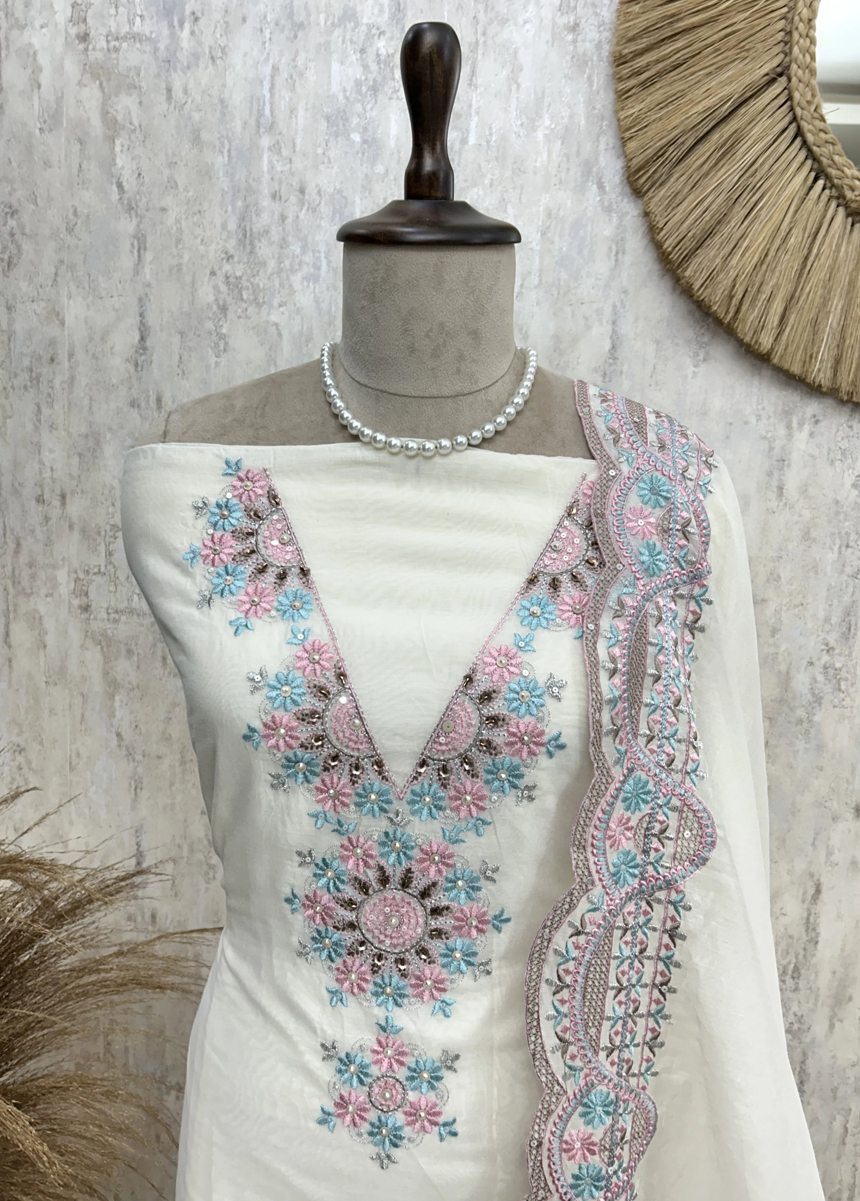 Embroidered Neckline Mul Chanderi Unstitched Suit Set