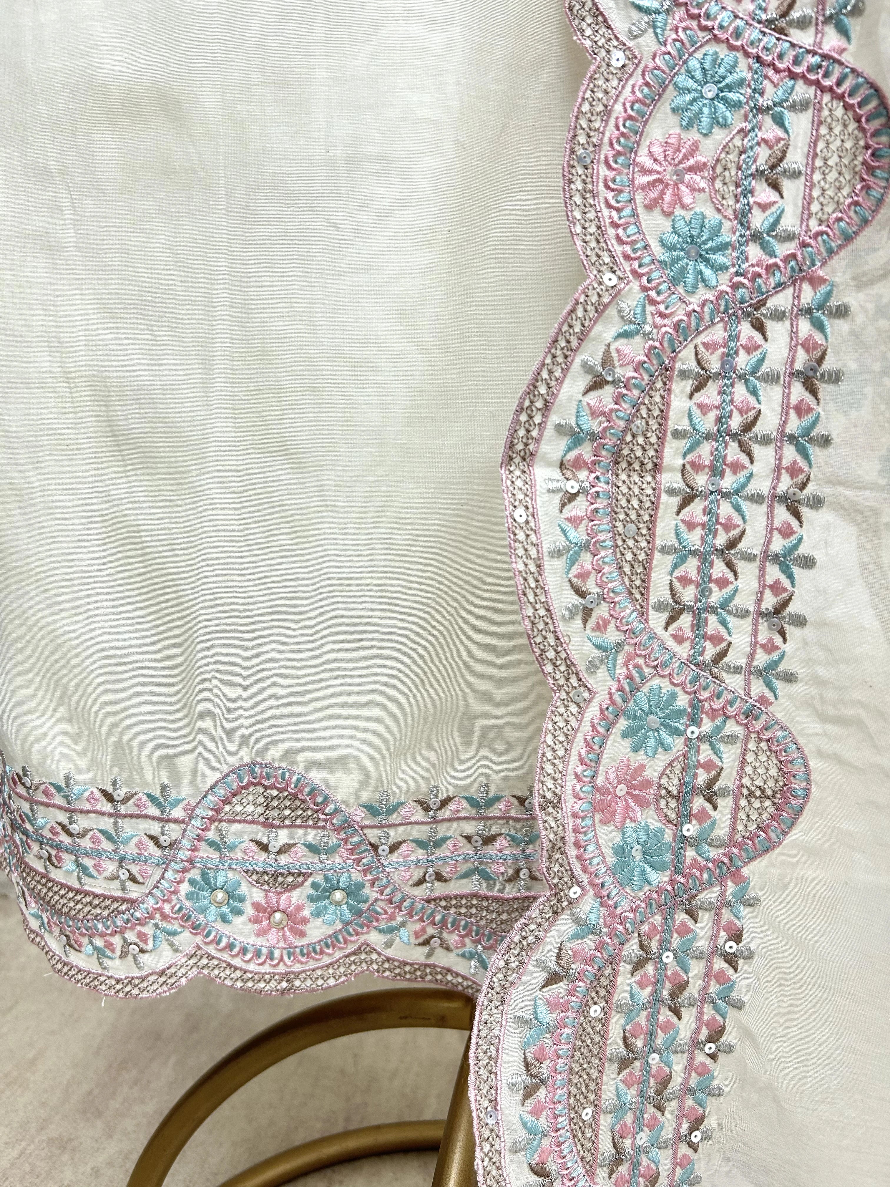 Embroidered Neckline Mul Chanderi Unstitched Suit Set