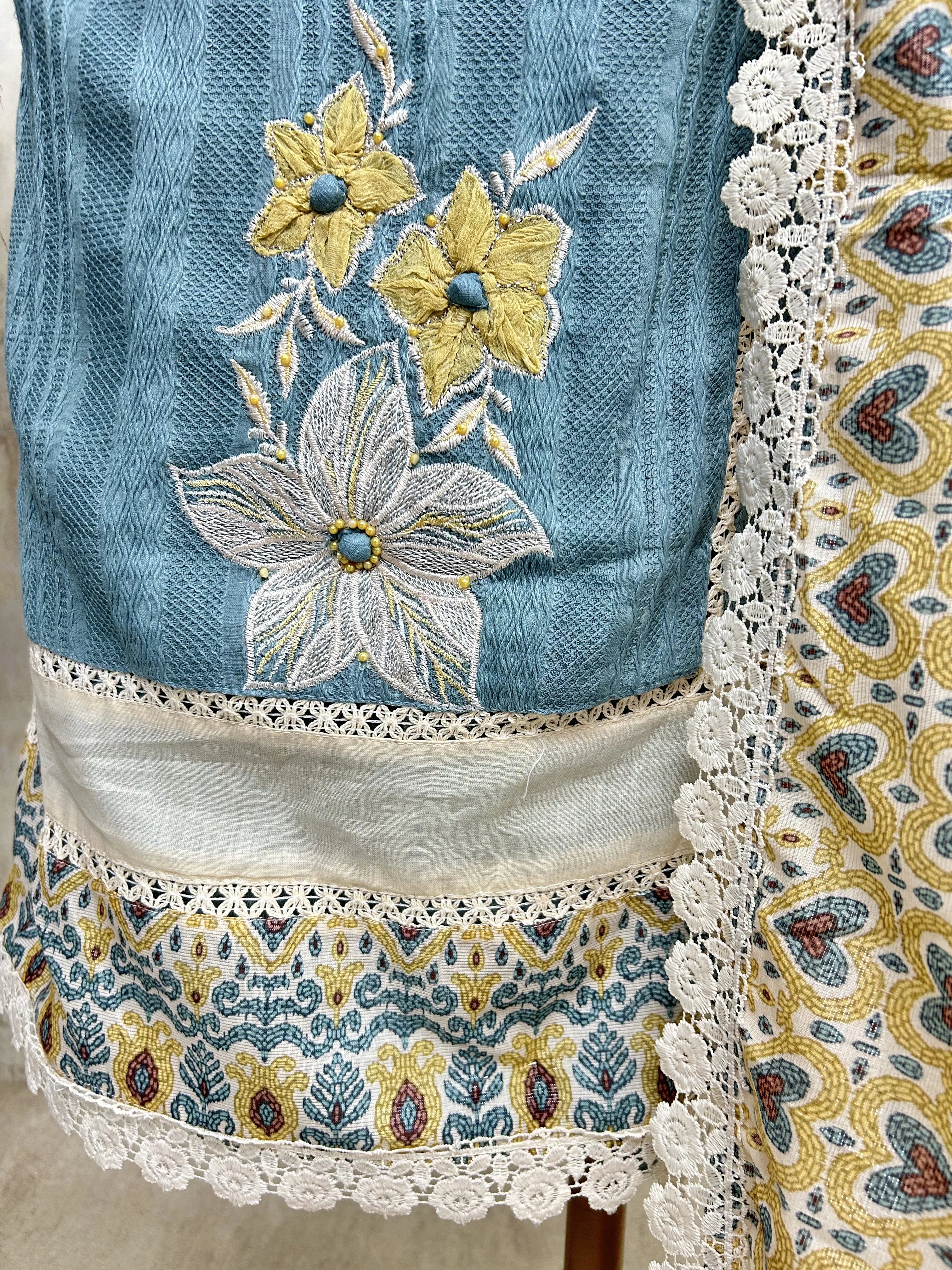 Applique Work Cotton Unstitched Suit Set