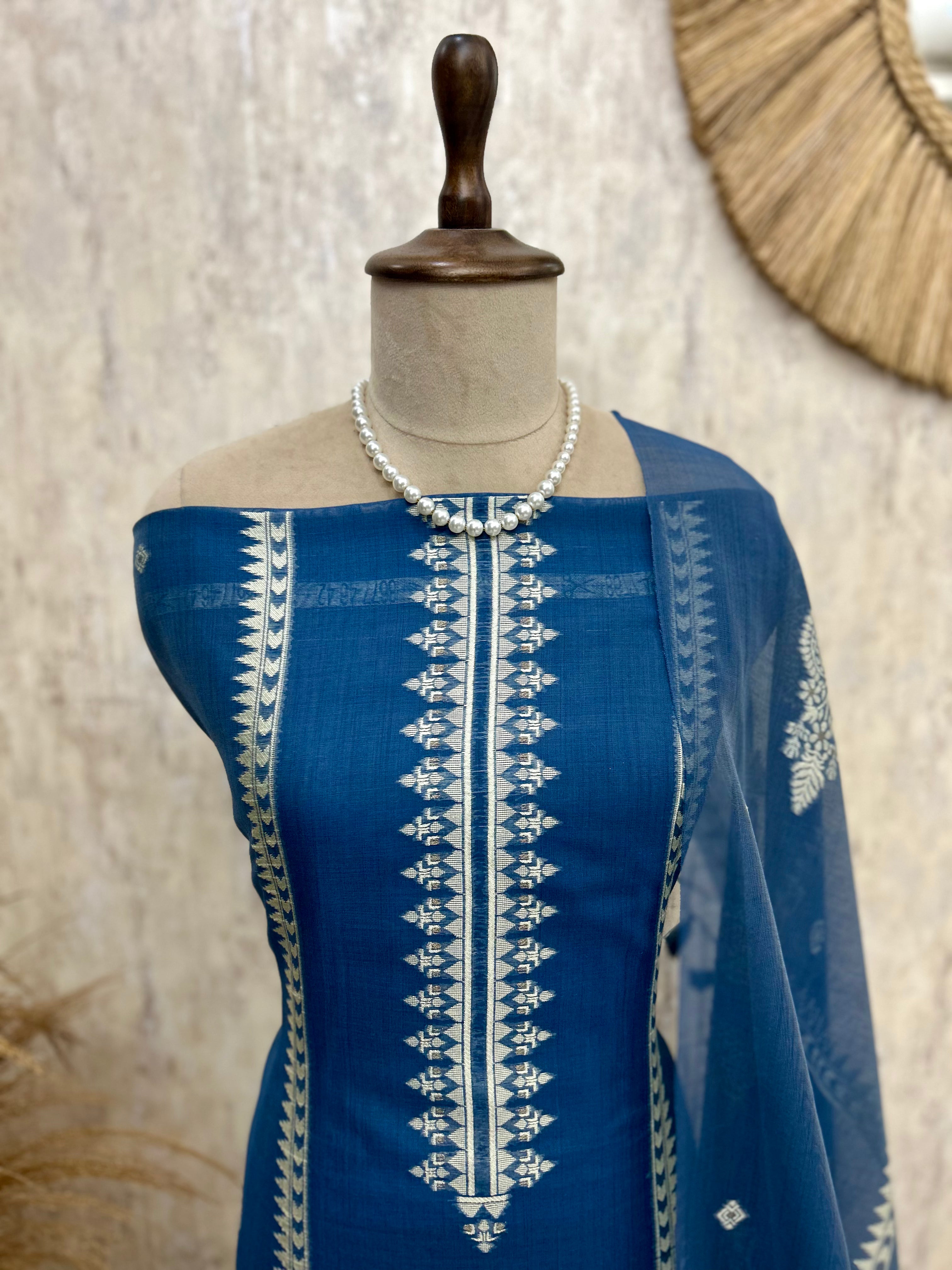 Indigo Jamdani Unstitched Suit Set With Jamdani Dupatta
