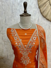 Graceful Dola Silk Unstitched Suit Set-V neck design