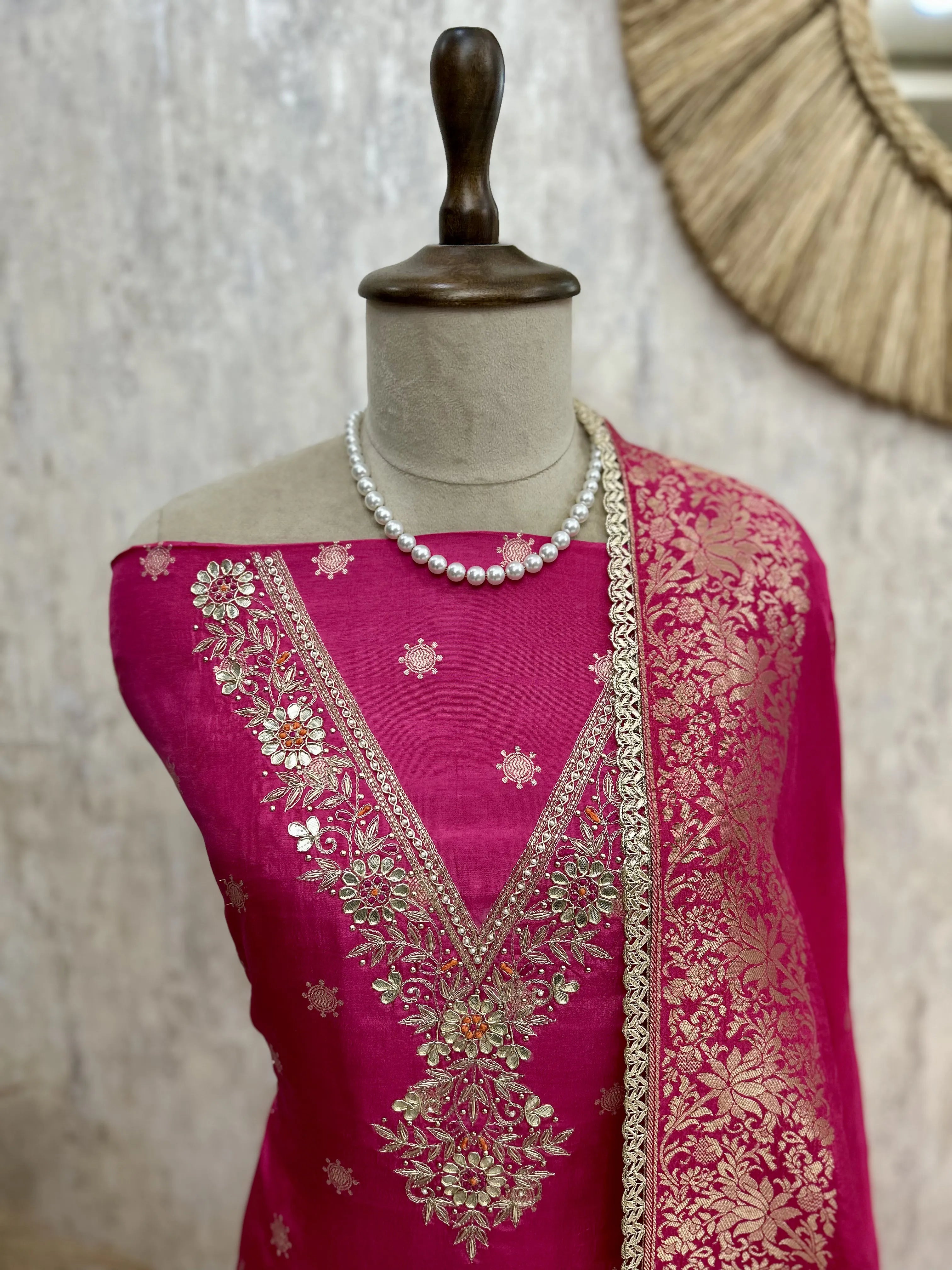 Graceful Dola Silk Unstitched Suit Set-V neck design