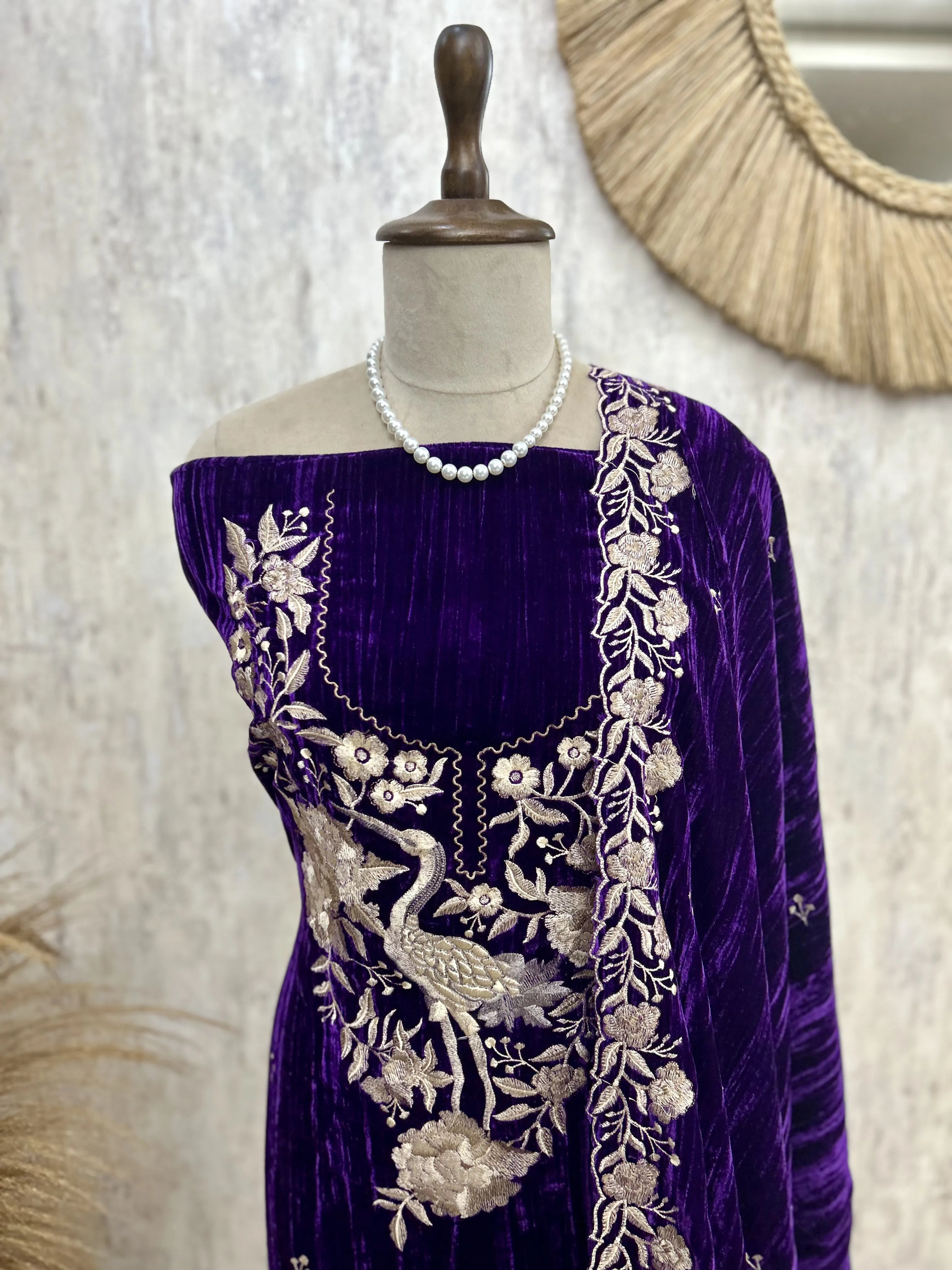 Velvet Unstitched Suit Set Featuring Thread Work