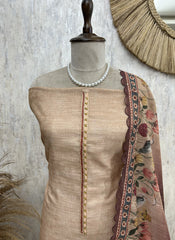 Kantha Work Flamingo Print Jamdani Linen Unstitched Suit Set