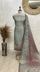 Kantha Work Flamingo Print Jamdani Linen Unstitched Suit Set